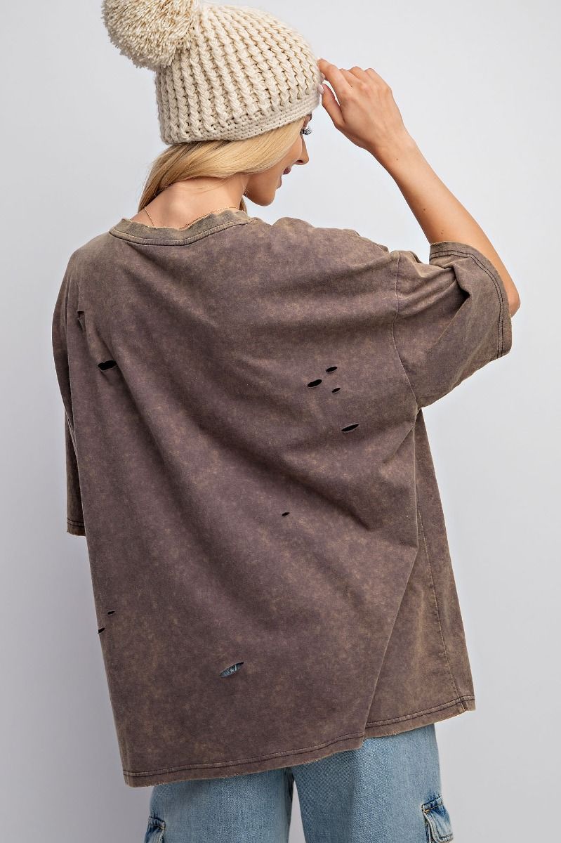 Easel Plus Mineral Washed Smiley Face Distressed Tops