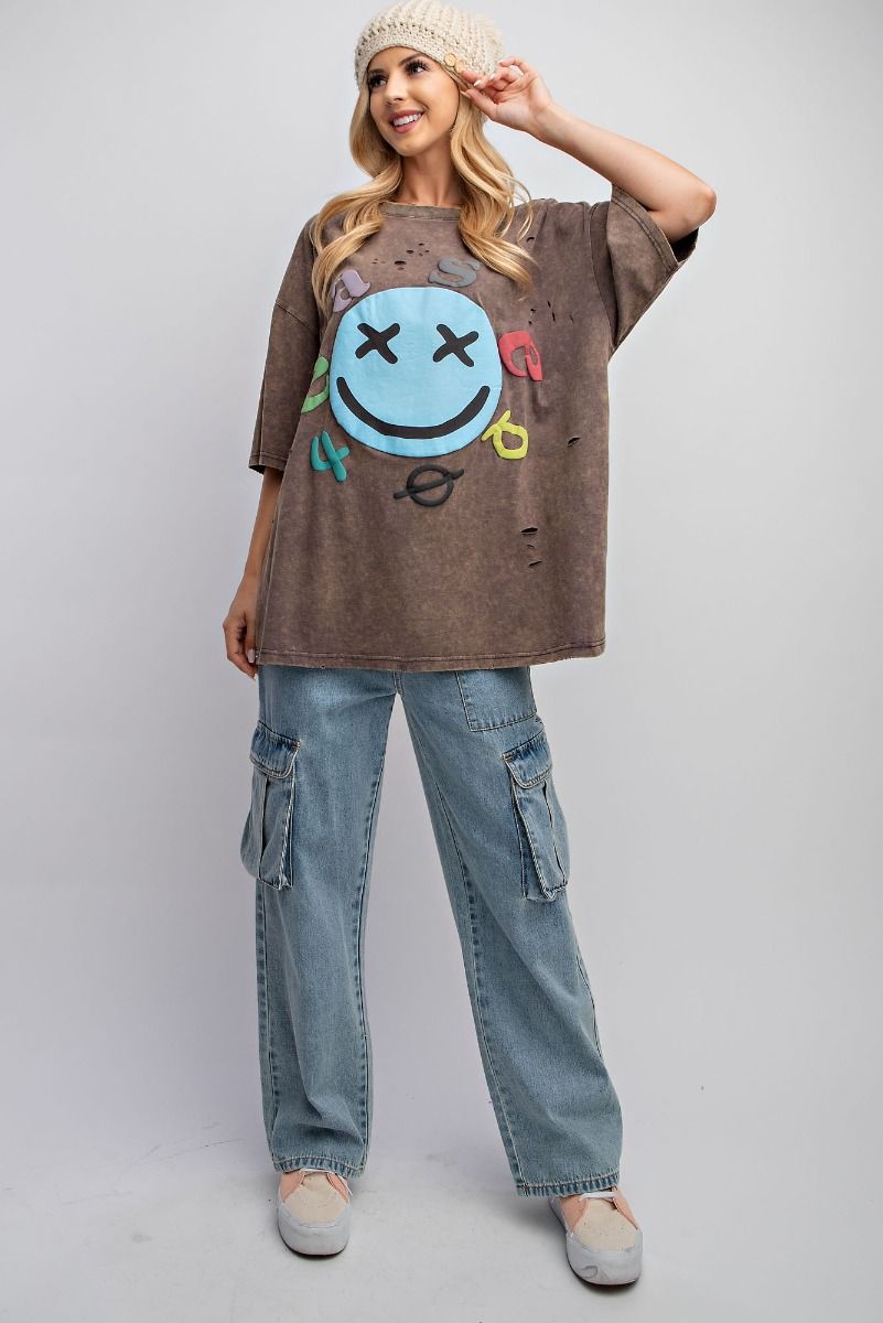 Easel Plus Mineral Washed Smiley Face Distressed Tops