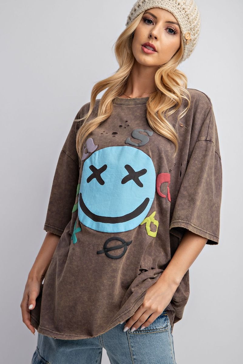 Easel Plus Mineral Washed Smiley Face Distressed Tops