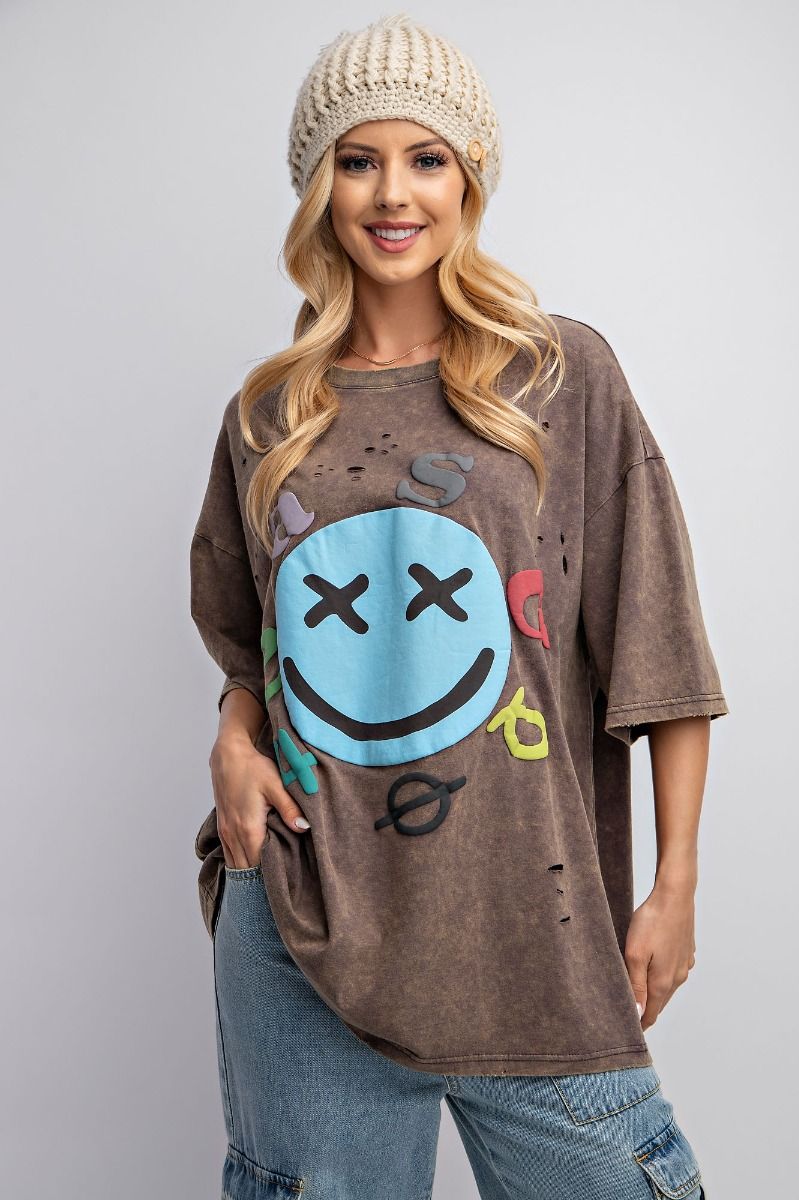 Easel Plus Mineral Washed Smiley Face Distressed Tops