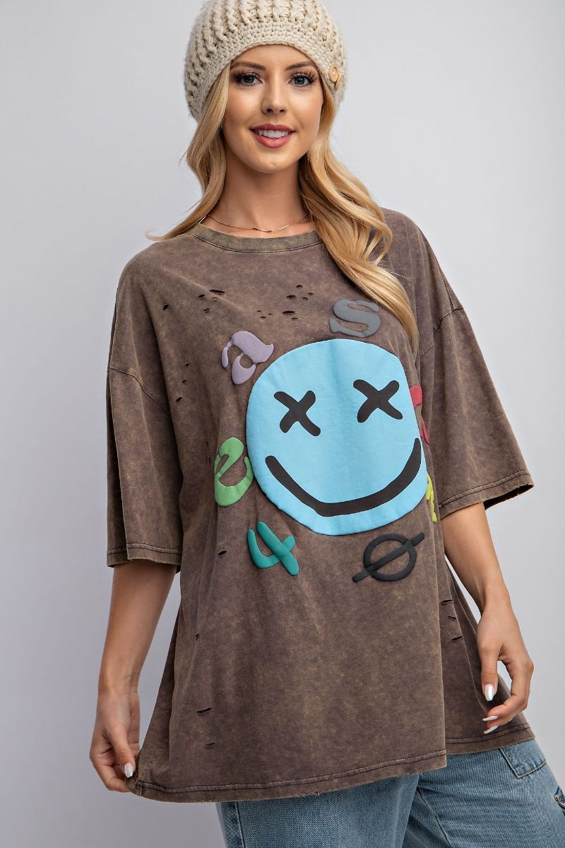 Easel Plus Mineral Washed Smiley Face Distressed Tops