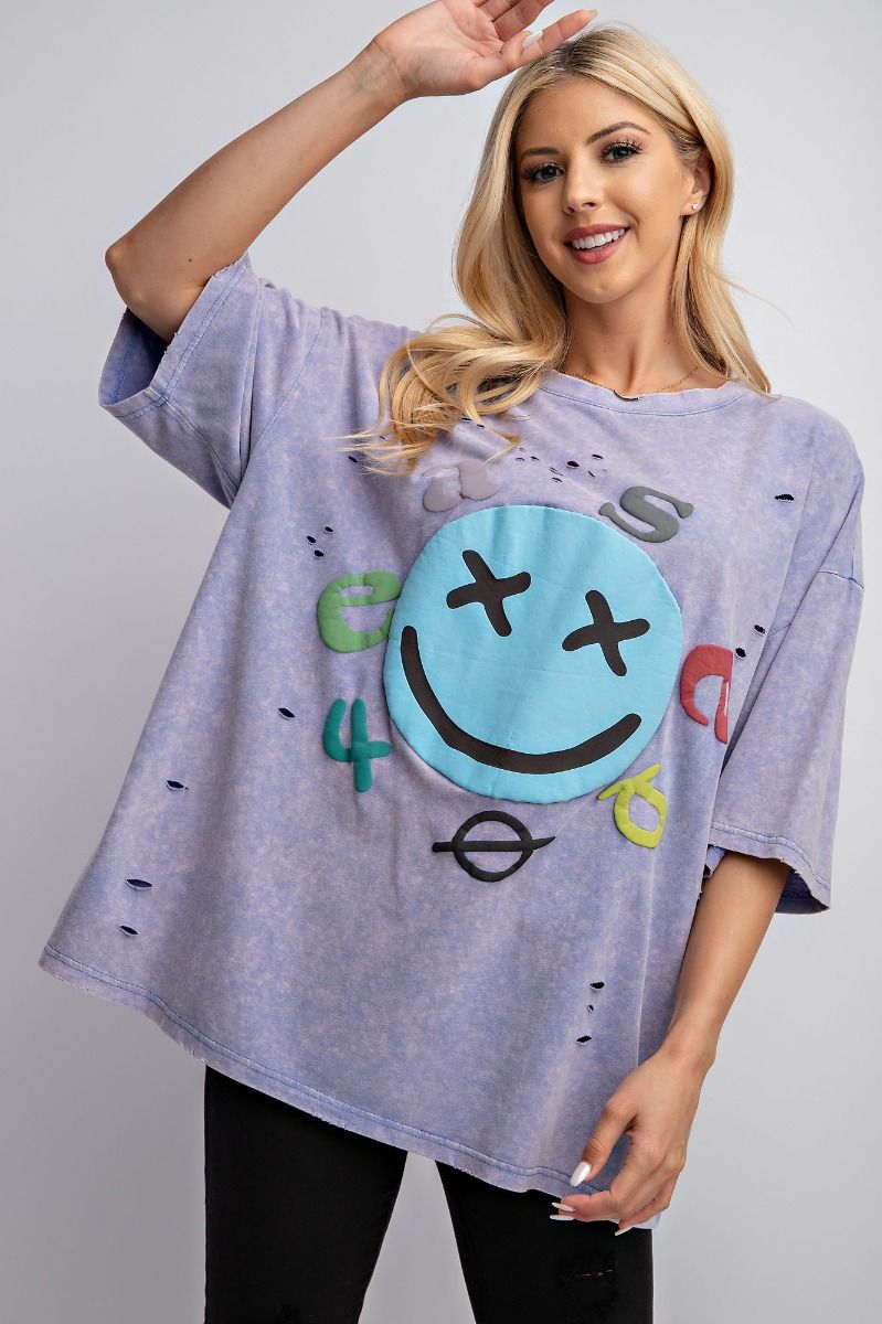 Easel Plus Mineral Washed Smiley Face Distressed Tops