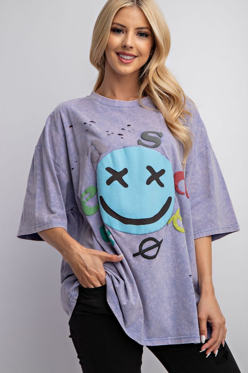 Easel Plus Mineral Washed Smiley Face Distressed Tops