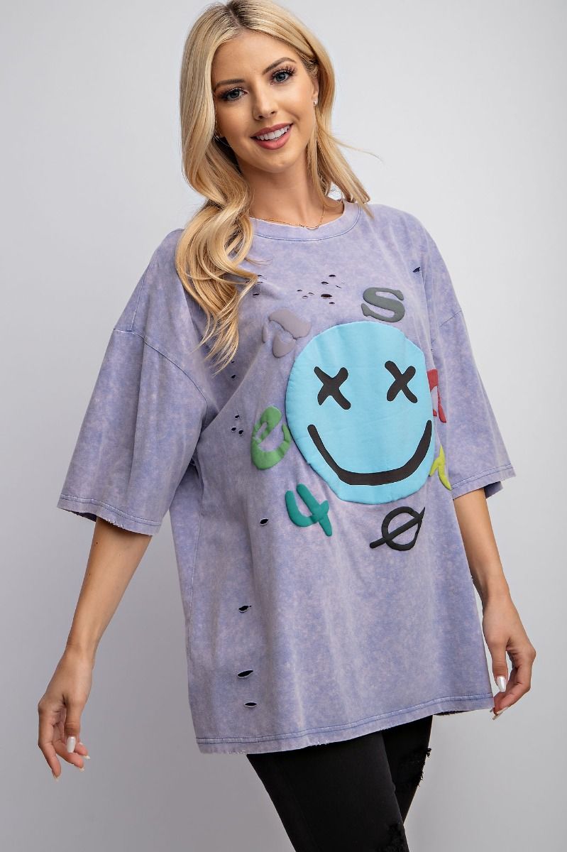 Easel Plus Mineral Washed Smiley Face Distressed Tops