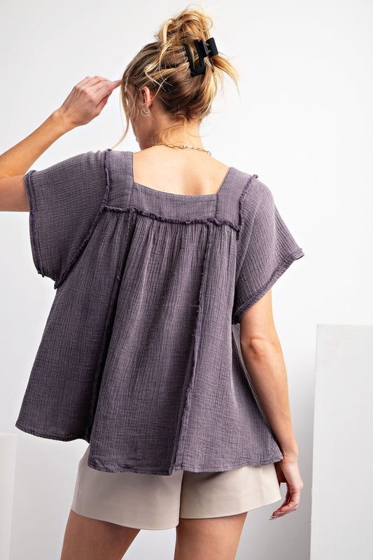 Easel Plus Mineral Washed Cotton Gauze Babydoll Tops