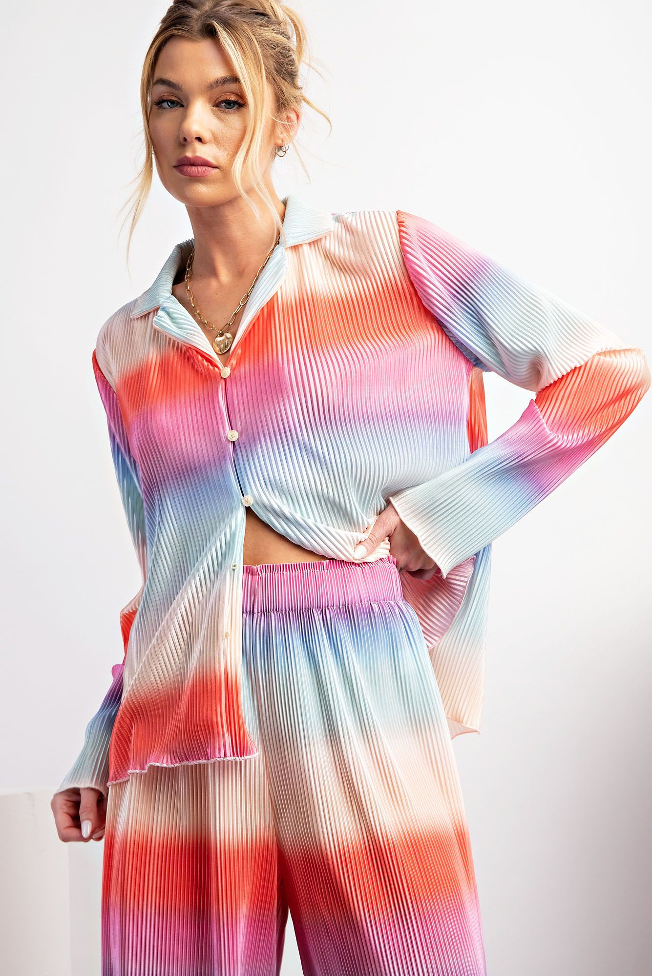 Easel Plus Ombre Print Pleated Satin Button Down Shirt Tops