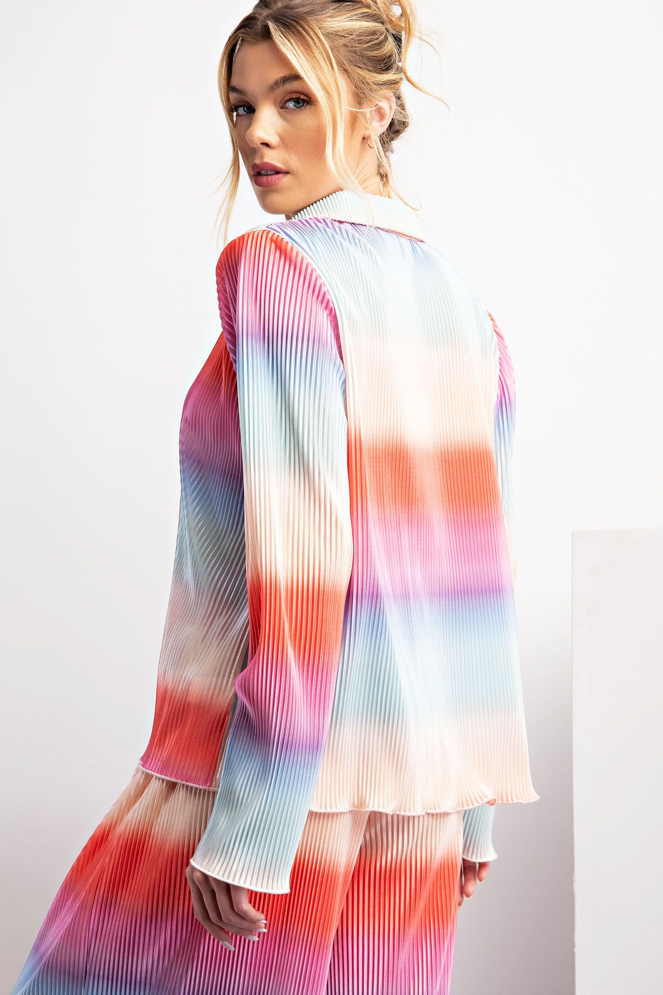 Easel Plus Ombre Print Pleated Satin Button Down Shirt Tops