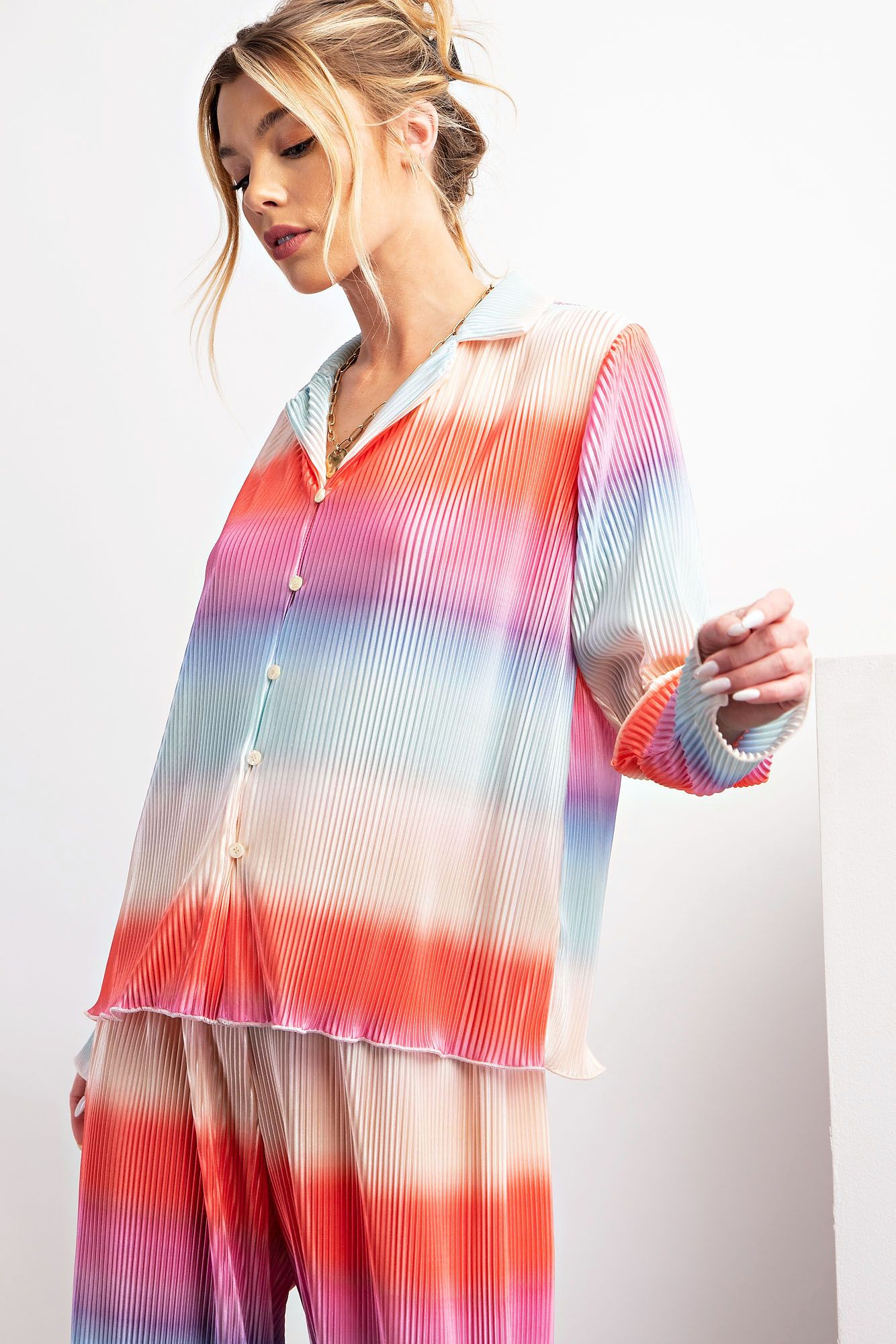 Easel Plus Ombre Print Pleated Satin Button Down Shirt Tops