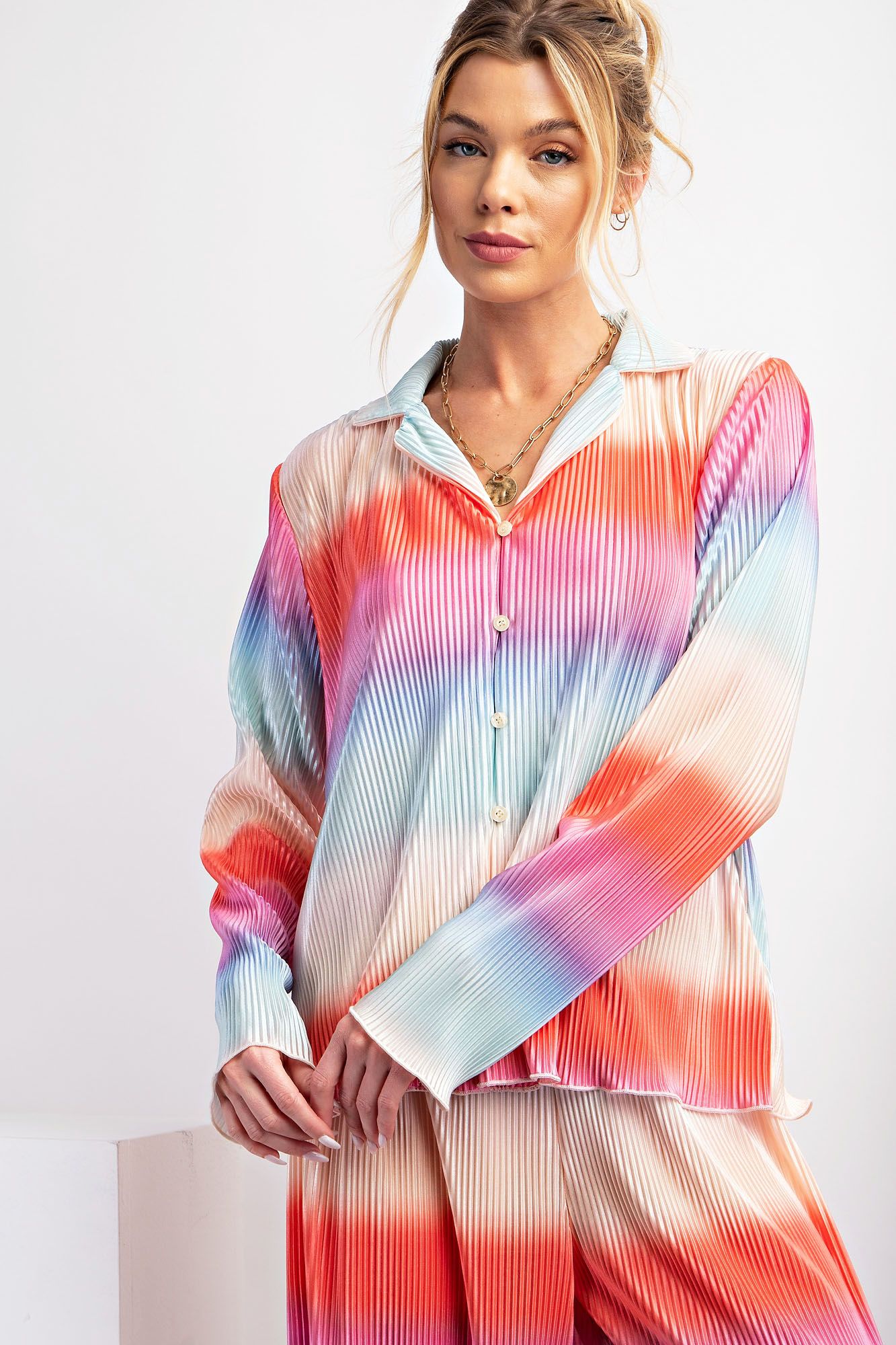 Easel Plus Ombre Print Pleated Satin Button Down Shirt Tops