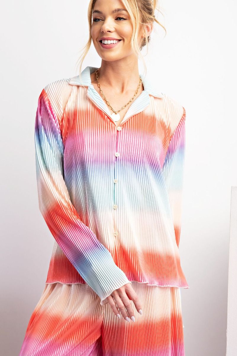 Easel Plus Ombre Print Pleated Satin Button Down Shirt Tops