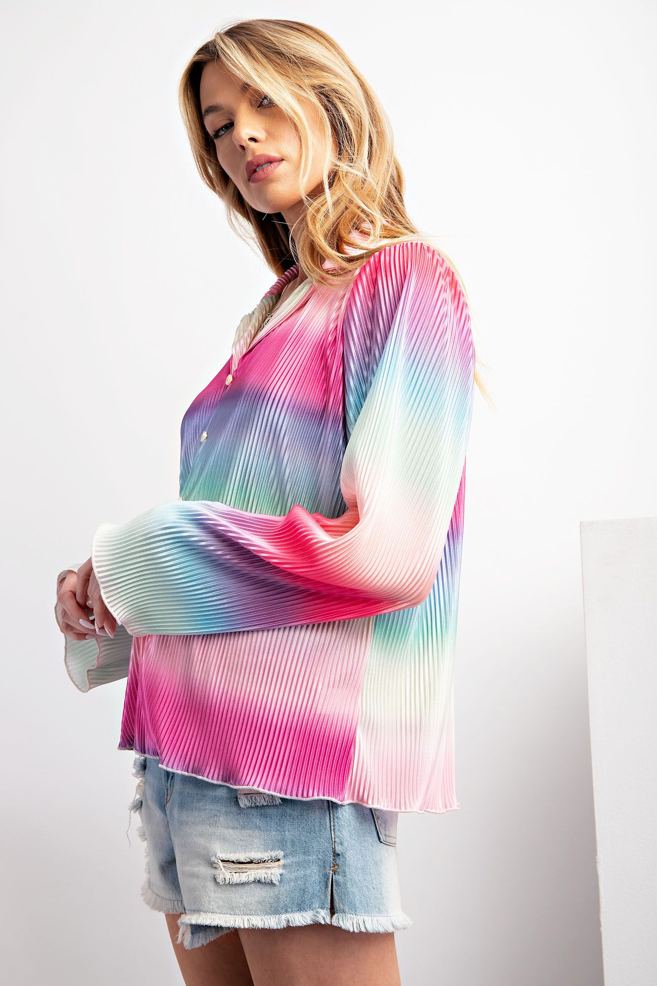 Easel Plus Ombre Print Pleated Satin Button Down Shirt Tops