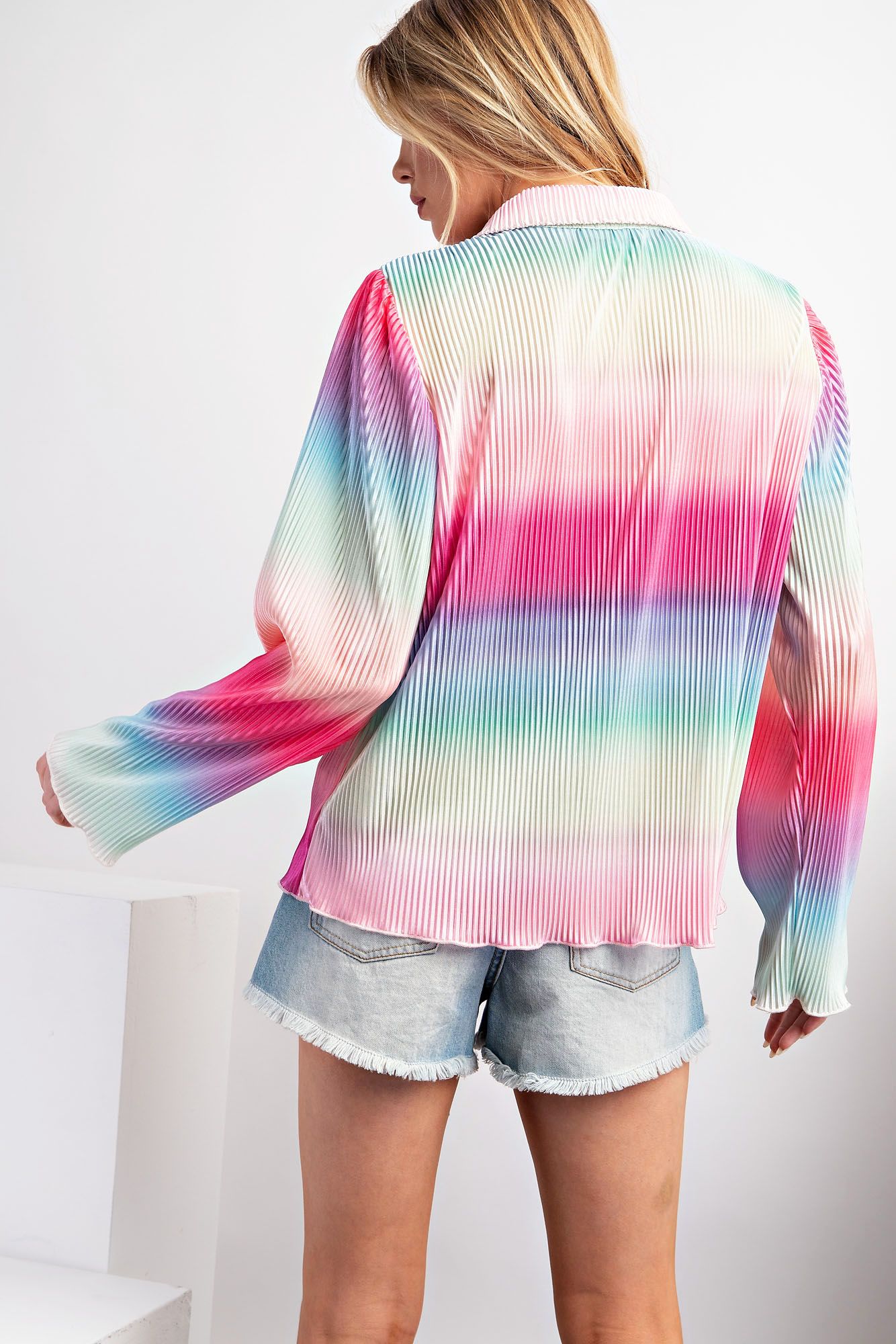 Easel Plus Ombre Print Pleated Satin Button Down Shirt Tops