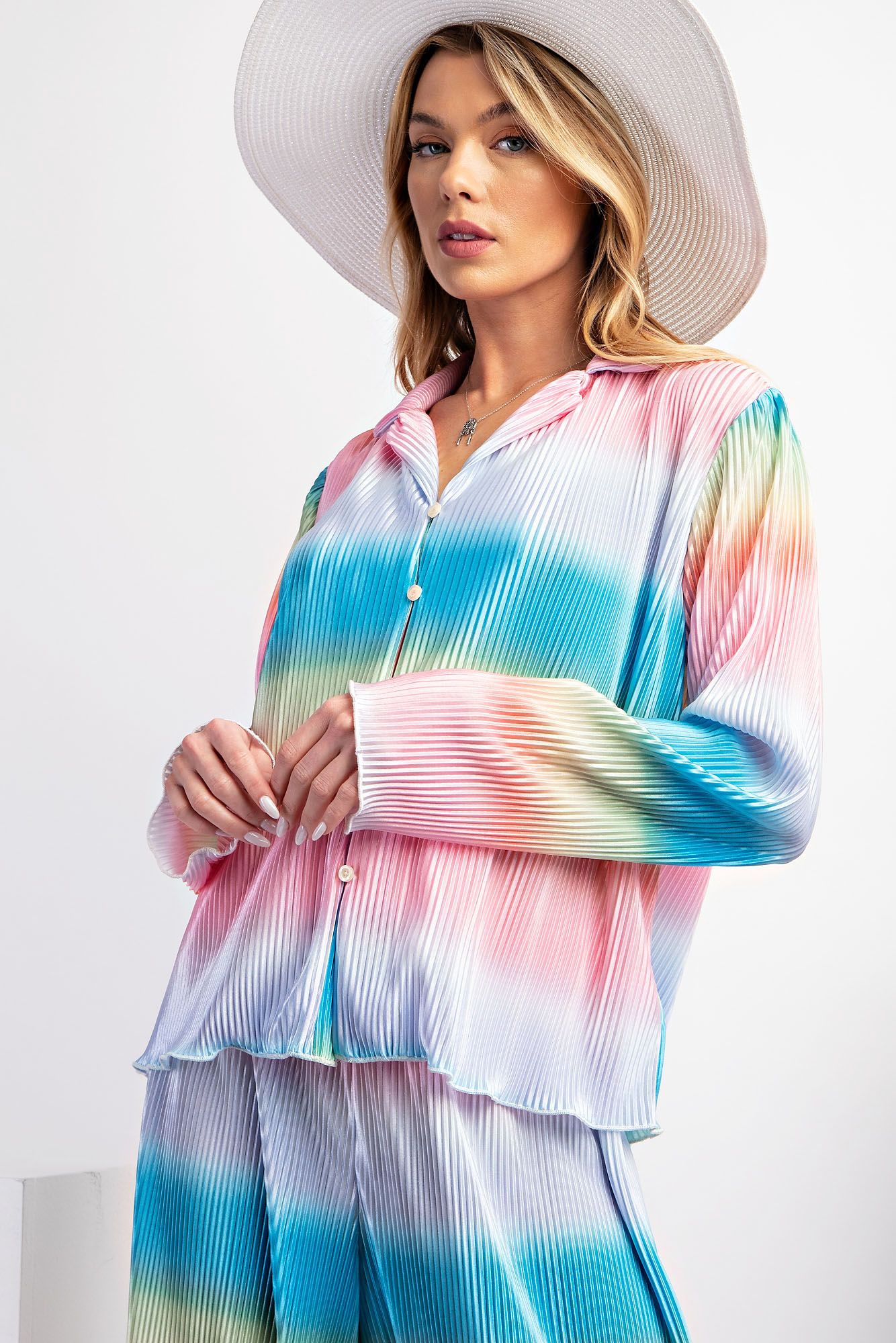 Easel Plus Ombre Print Pleated Satin Button Down Shirt Tops