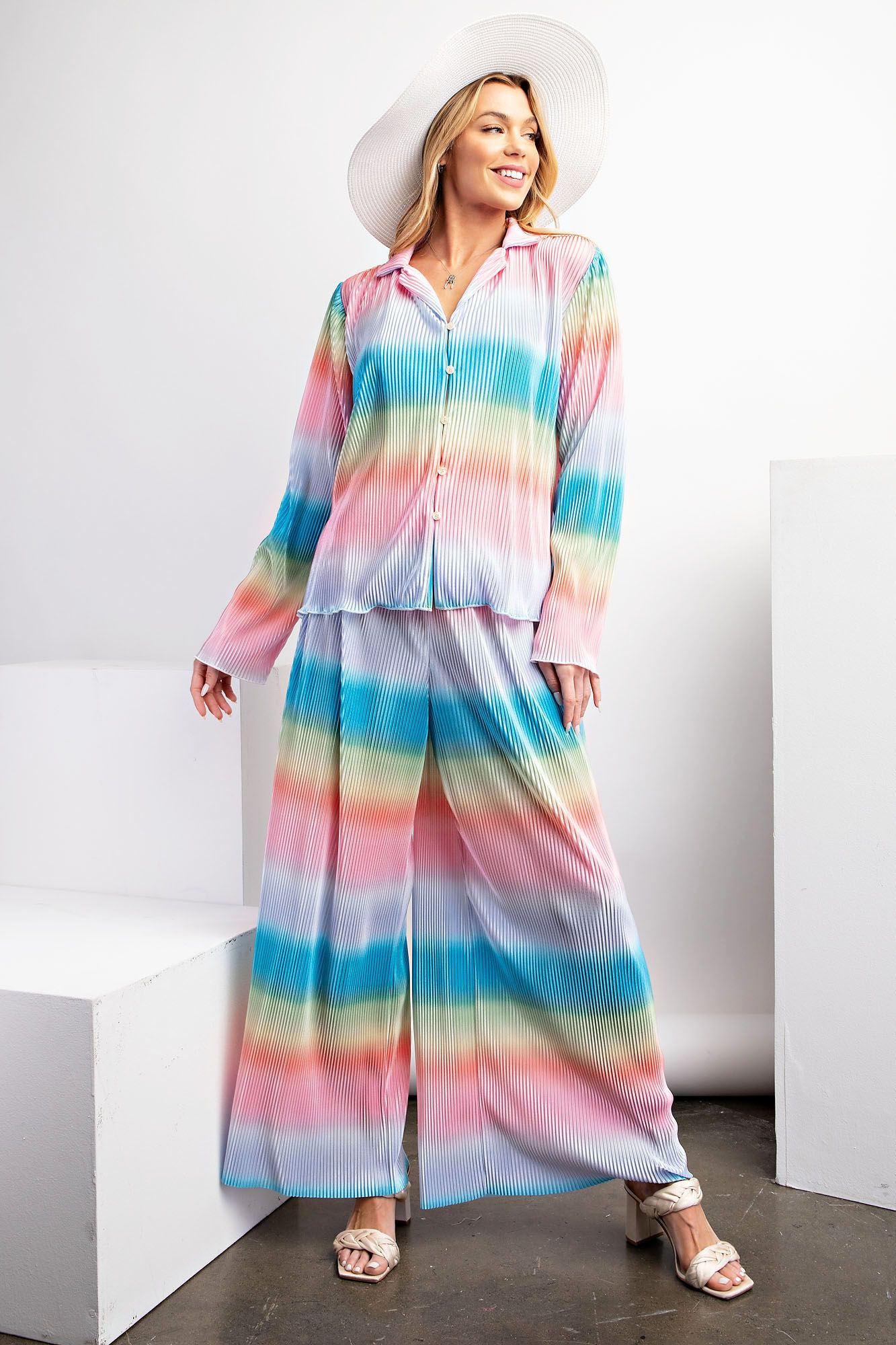 Easel Plus Ombre Print Pleated Satin Button Down Shirt Tops