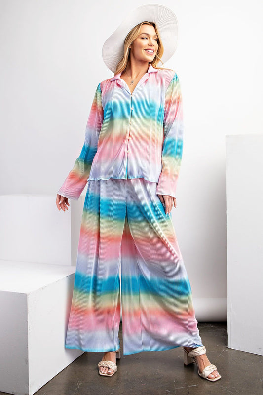 Easel Plus Ombre Print Pleated Satin Button Down Shirt Tops