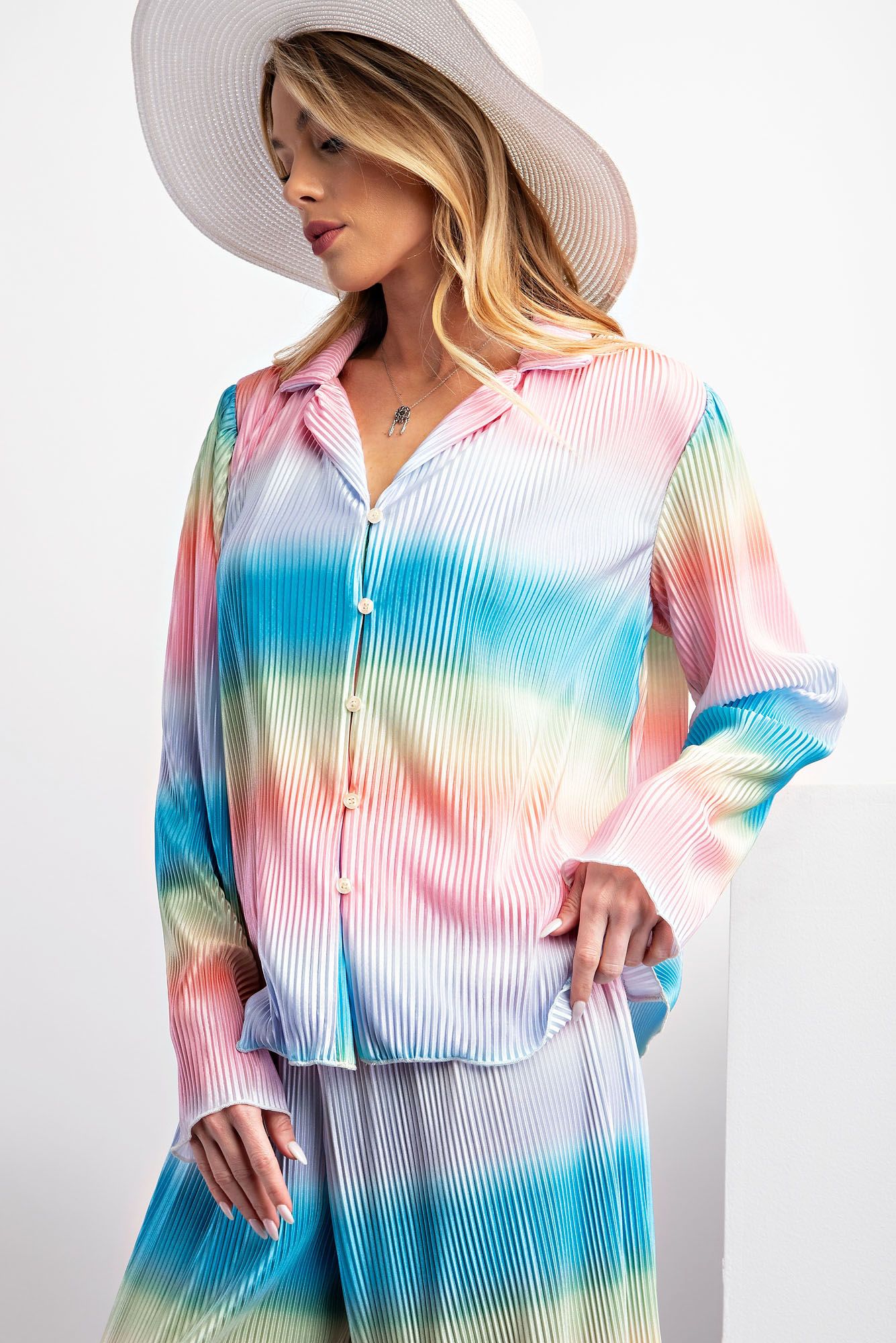 Easel Plus Ombre Print Pleated Satin Button Down Shirt Tops