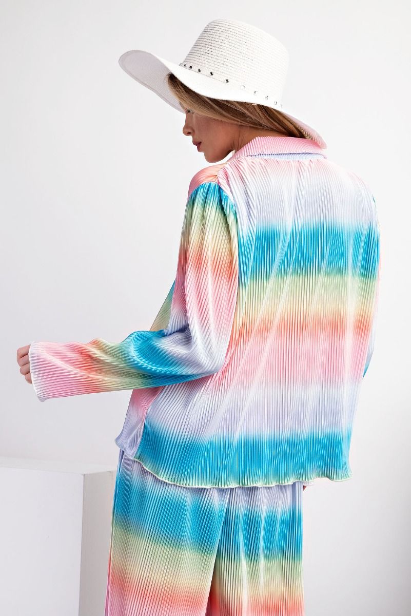 Easel Plus Ombre Print Pleated Satin Button Down Shirt Tops