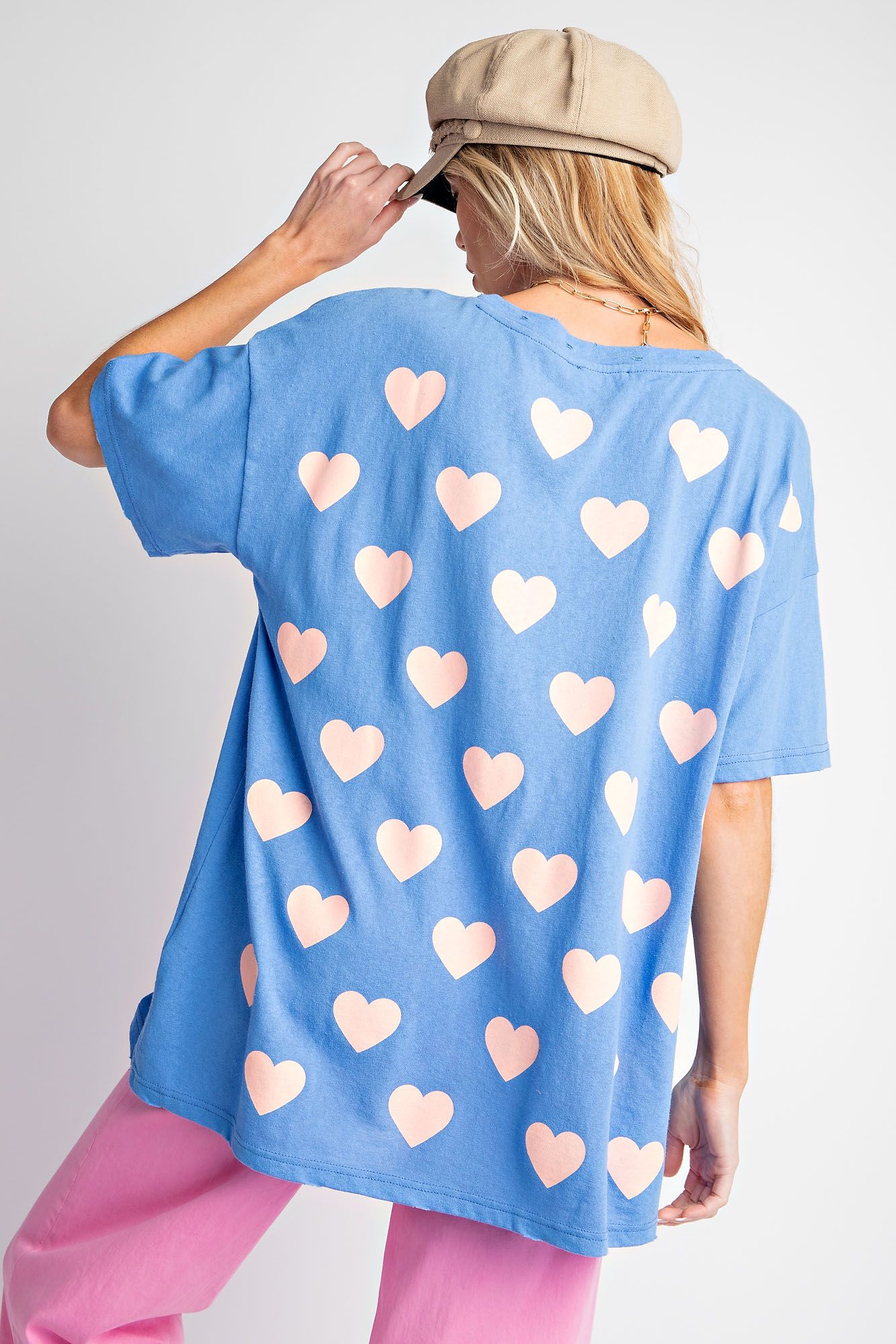 Easel Plus Heart Print Cotton Knit Relaxed Fit Tops