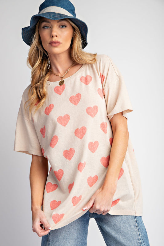 Easel Plus Heart Print Cotton Knit Relaxed Fit Tops