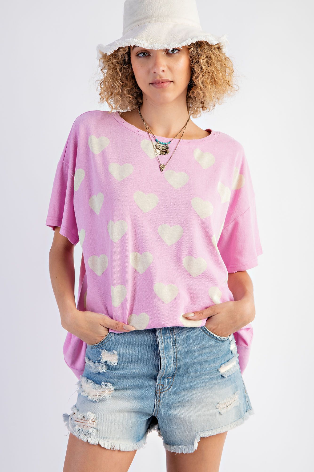 Easel Plus Heart Print Cotton Knit Relaxed Fit Tops