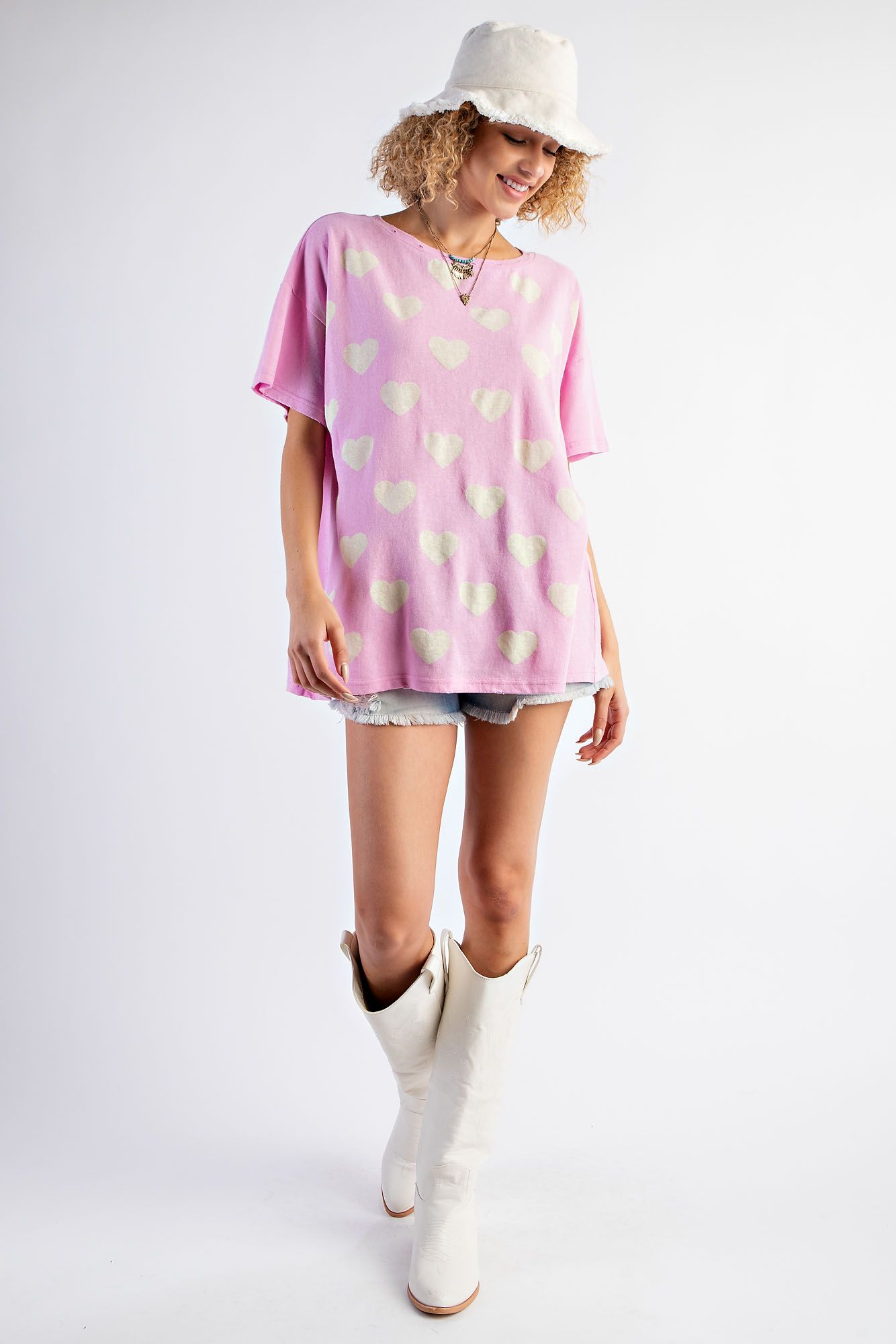 Easel Plus Heart Print Cotton Knit Relaxed Fit Tops