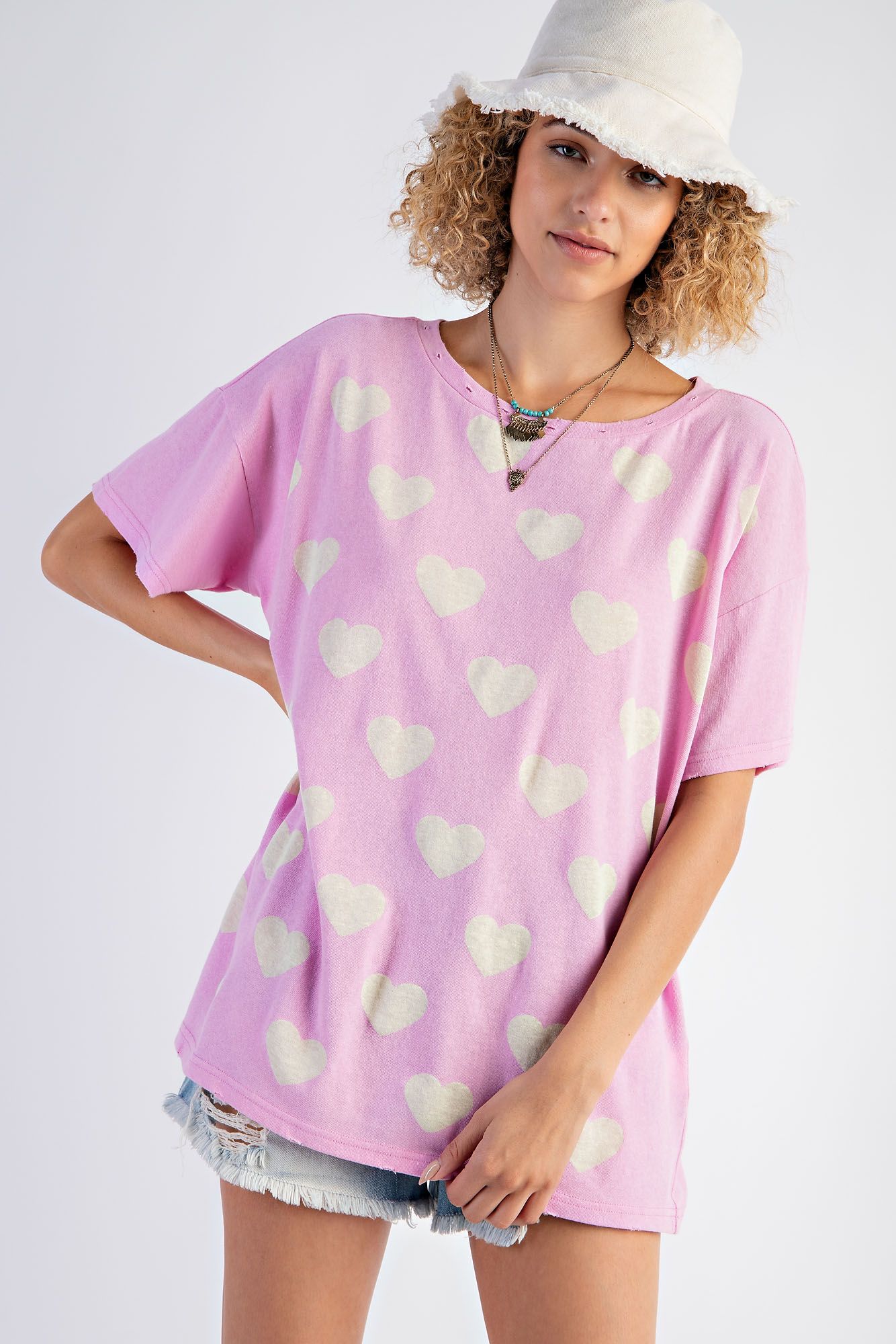 Easel Plus Heart Print Cotton Knit Relaxed Fit Tops