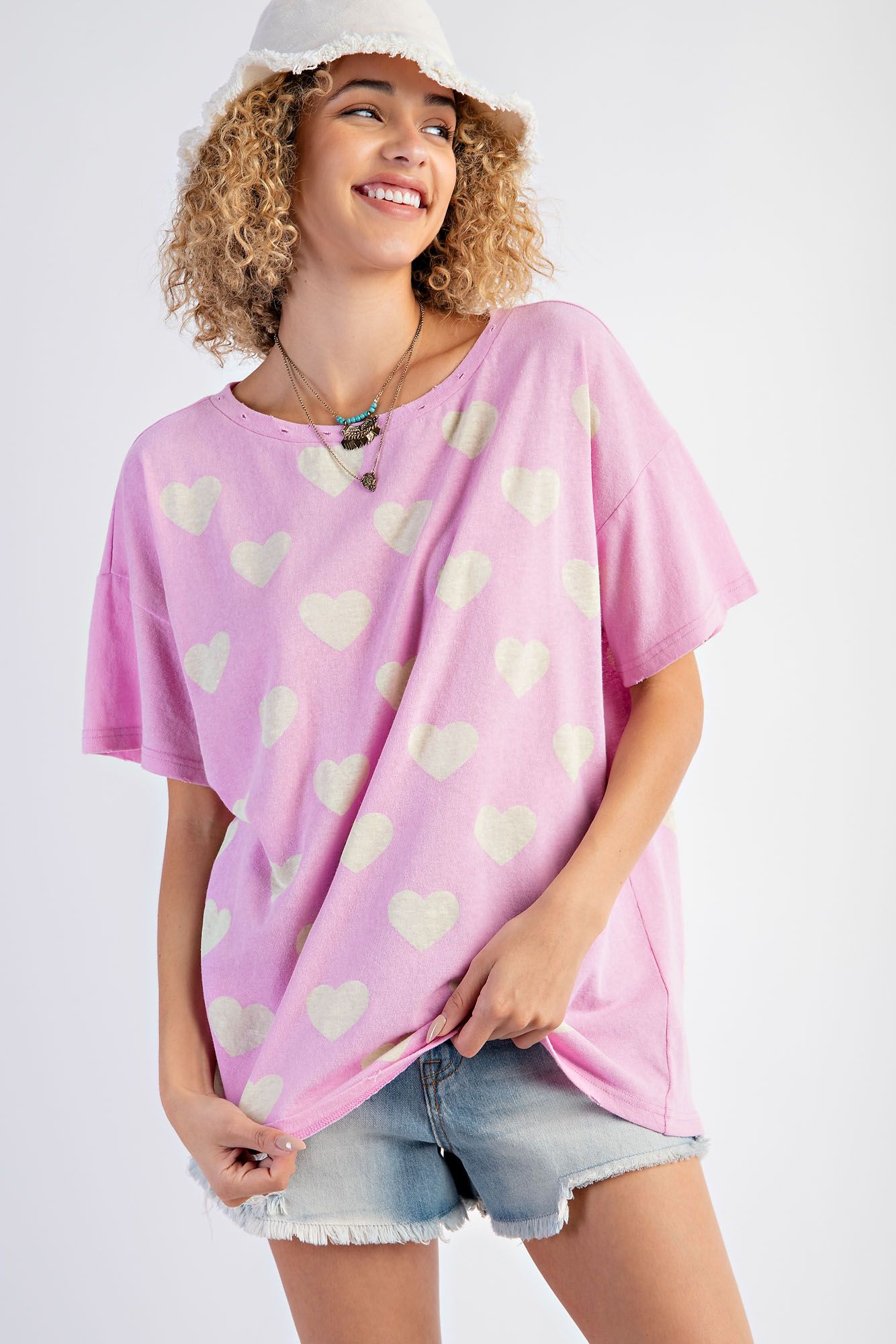 Easel Plus Heart Print Cotton Knit Relaxed Fit Tops