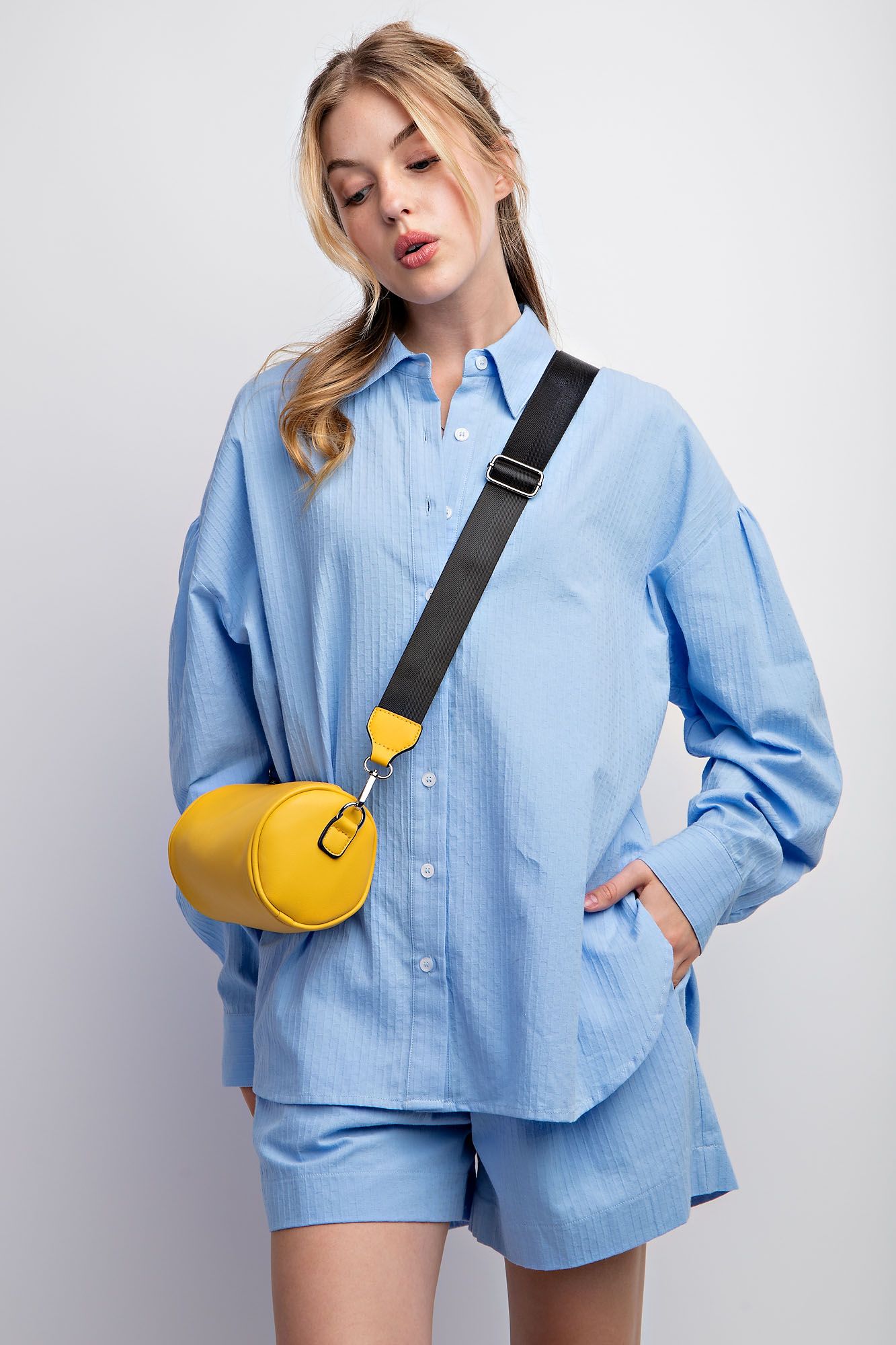 Easel Plus Textured Voile Button Down Shirt Tops