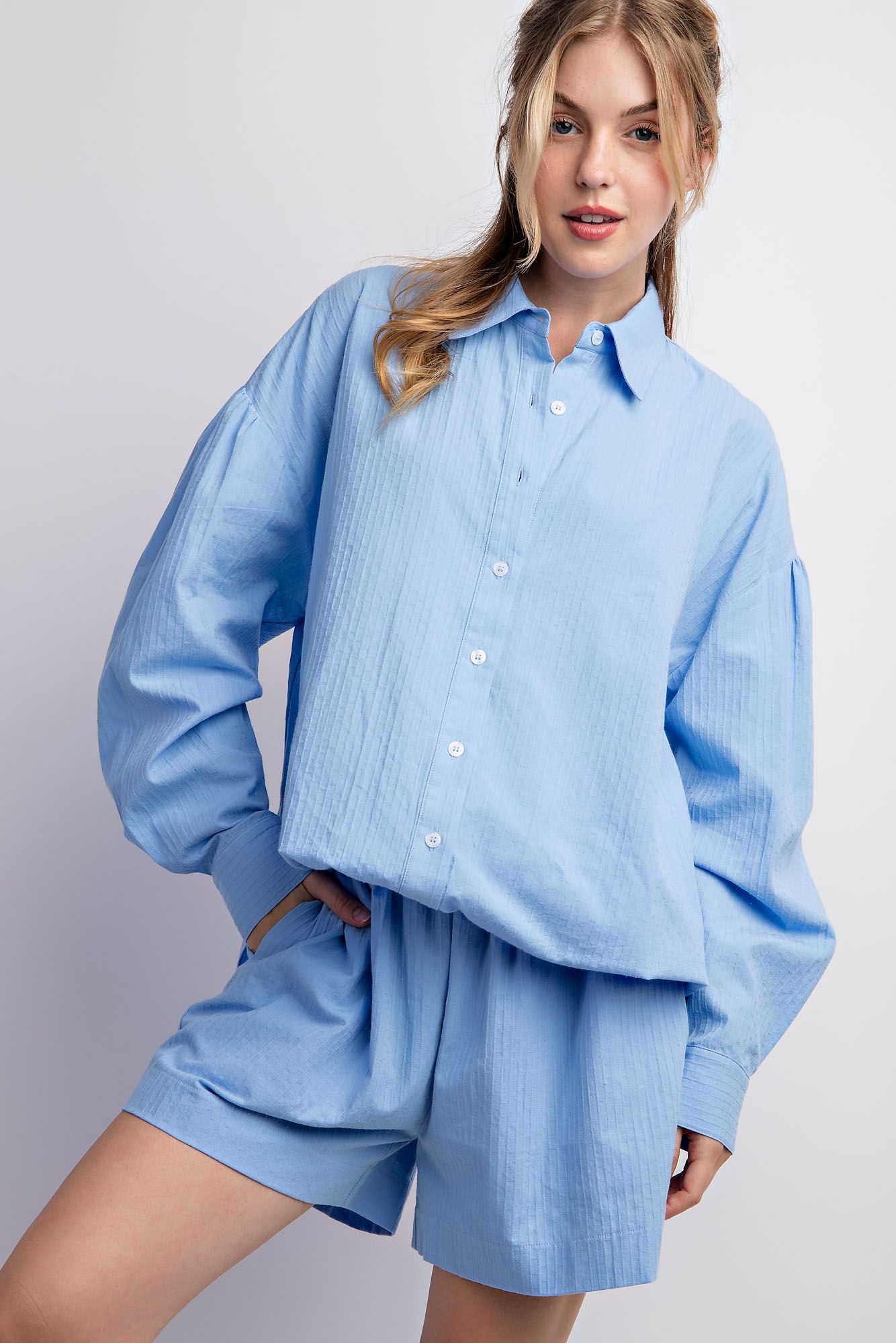 Easel Plus Textured Voile Button Down Shirt Tops