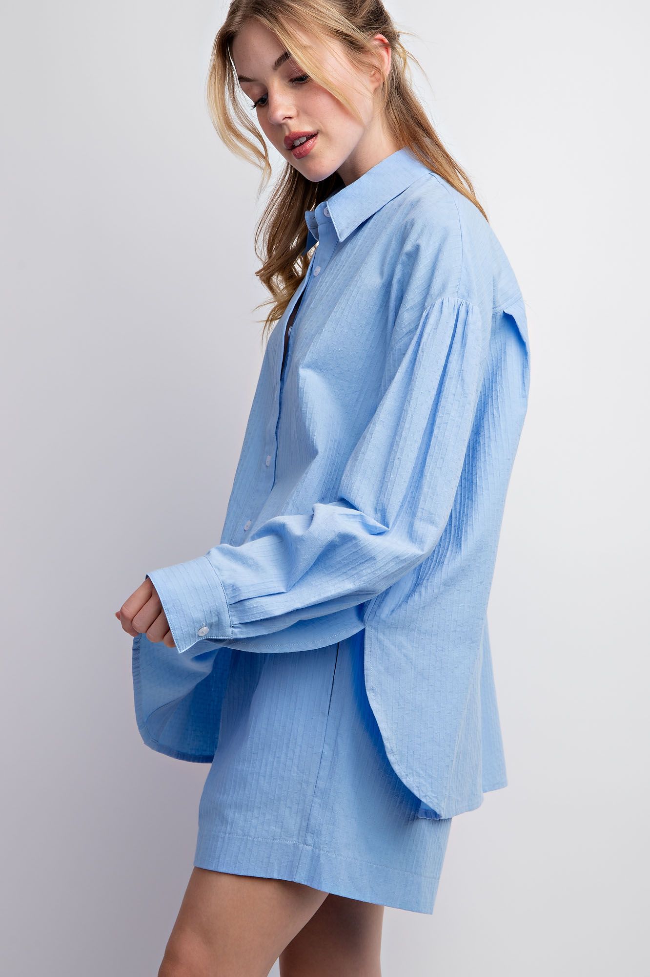 Easel Plus Textured Voile Button Down Shirt Tops