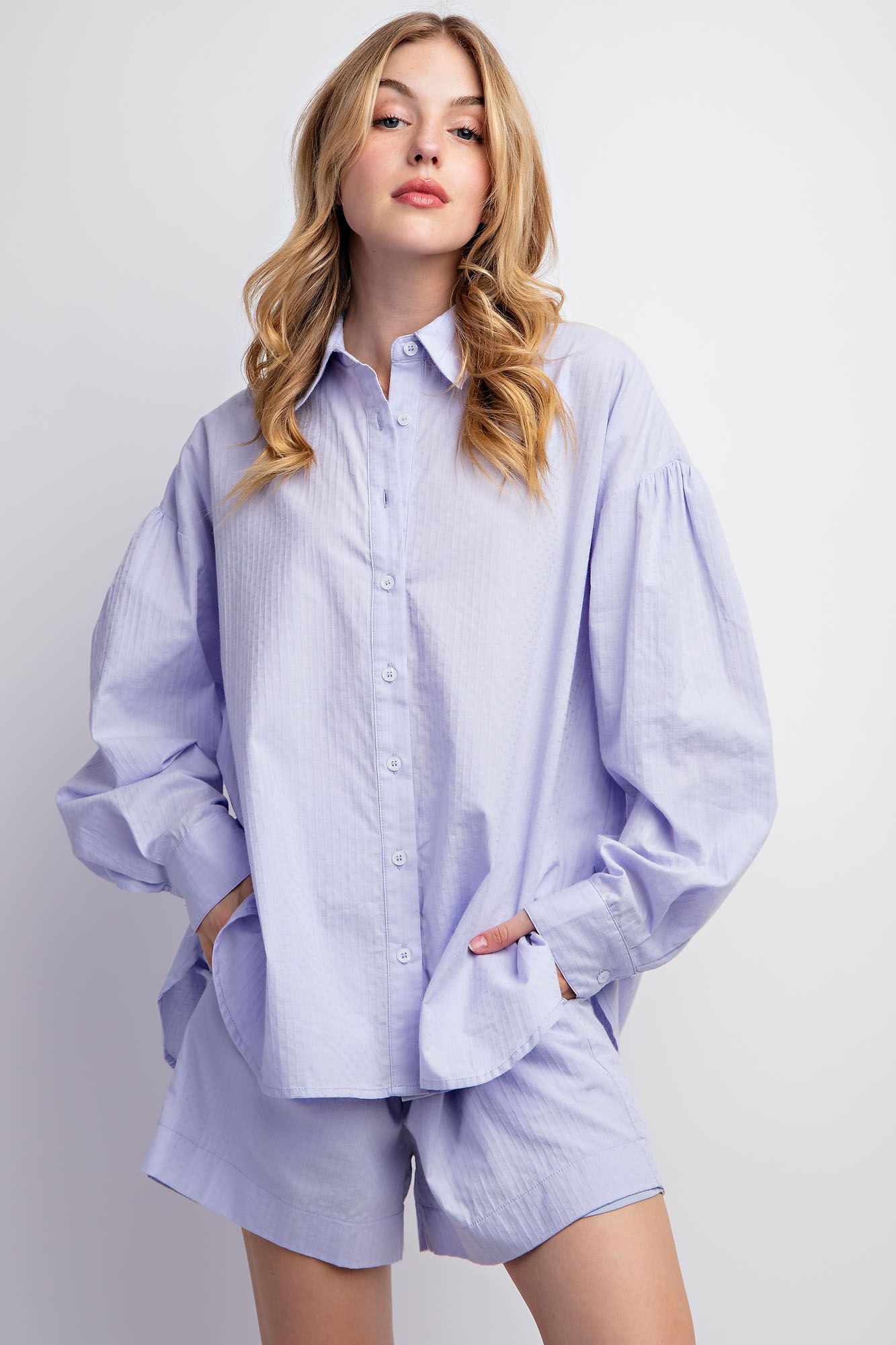 Easel Plus Textured Voile Button Down Shirt Tops