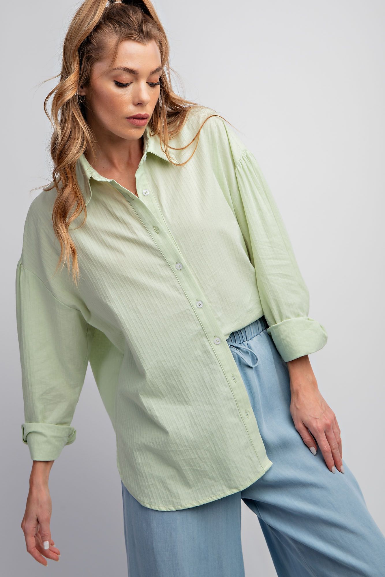 Easel Plus Textured Voile Button Down Shirt Tops