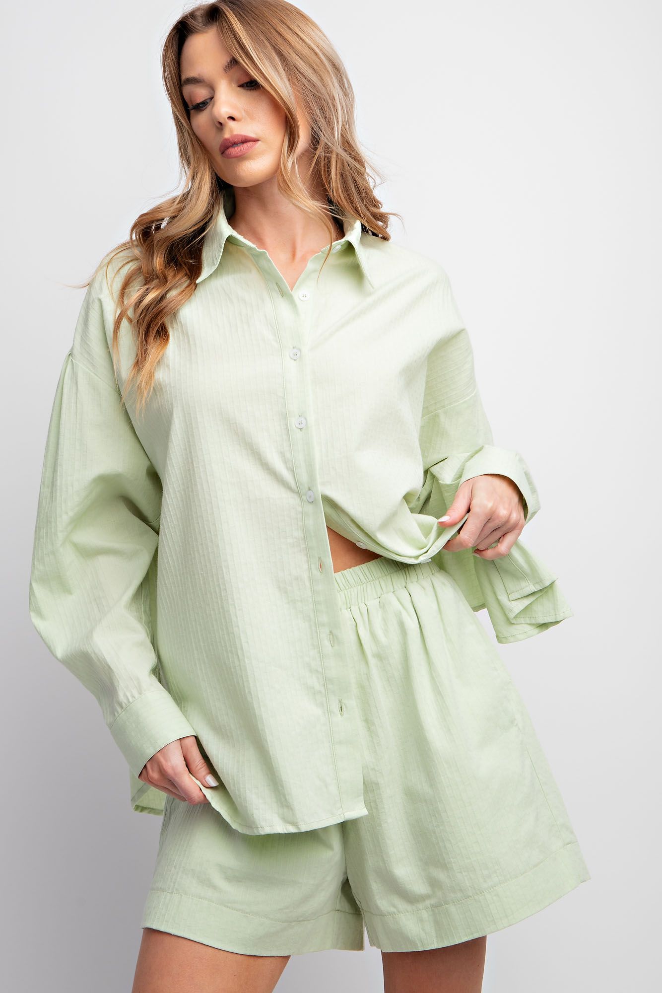 Easel Plus Textured Voile Button Down Shirt Tops