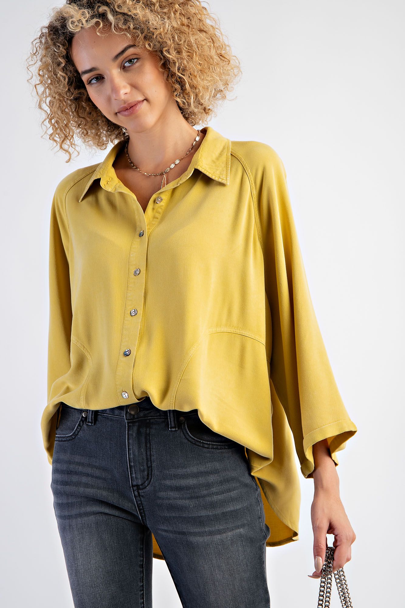 Easel Plus Mineral Washed Challis Button Down Shirt Tops