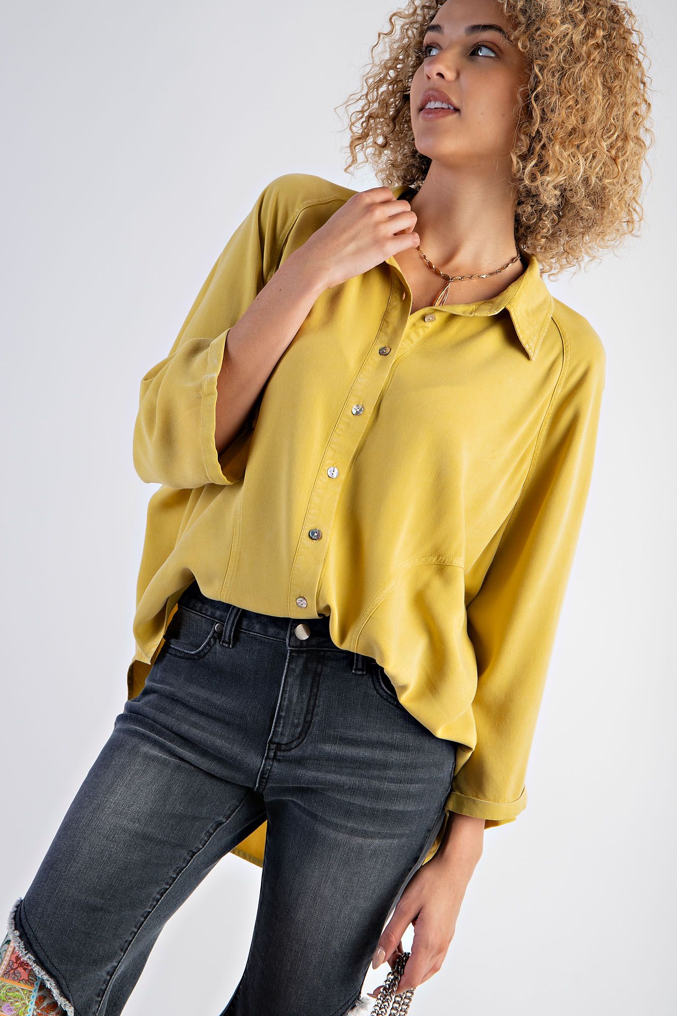Easel Plus Mineral Washed Challis Button Down Shirt Tops