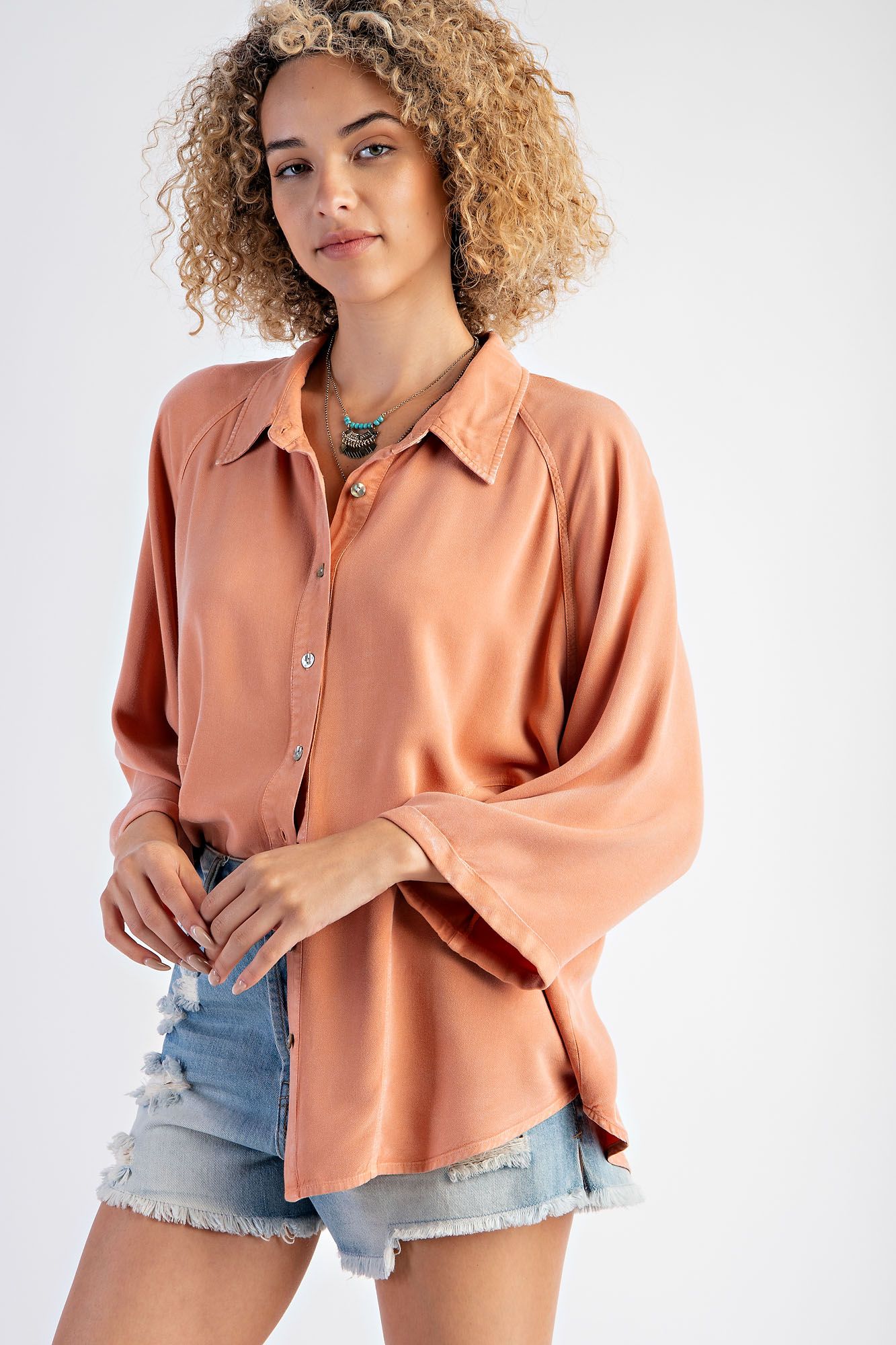 Easel Plus Mineral Washed Challis Button Down Shirt Tops