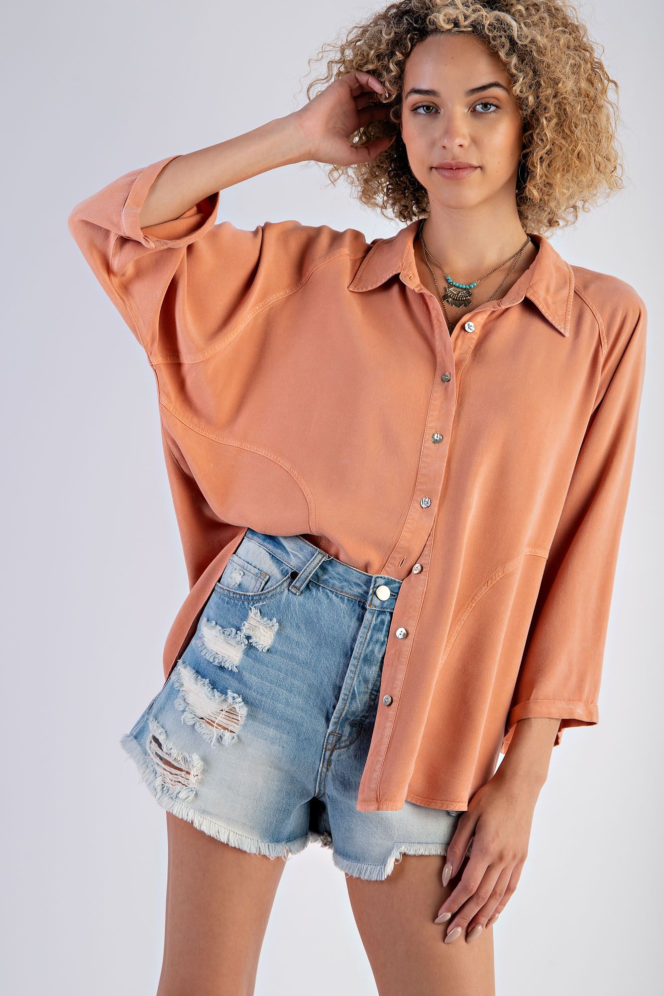 Easel Plus Mineral Washed Challis Button Down Shirt Tops