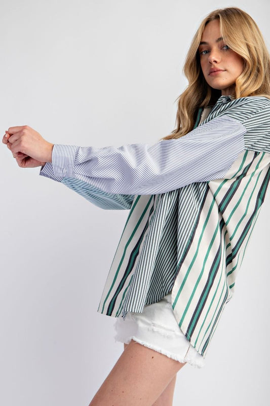 Easel Plus Stripe Mix Button Down Boxy Fit Shirt Tops