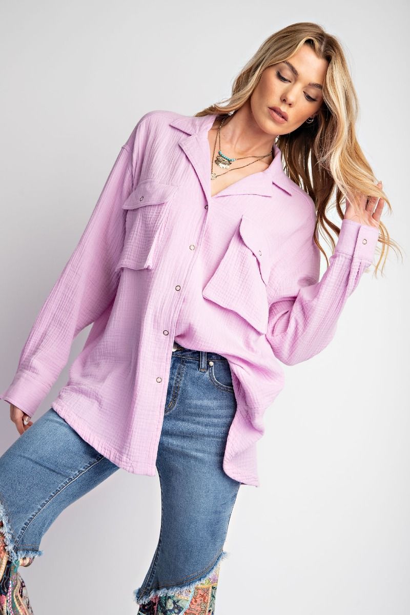 Easel Plus Cotton Gauze Button Down Loose Fit Shirt Tunic Tops