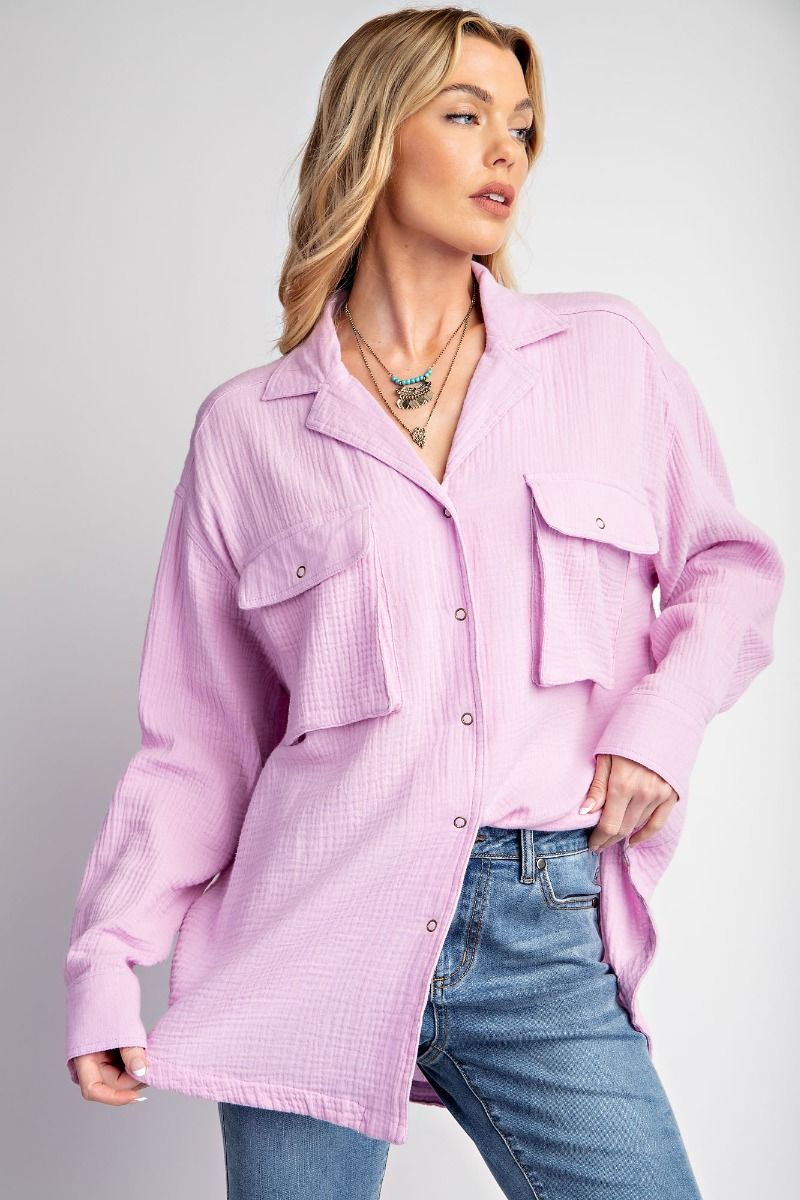 Easel Plus Cotton Gauze Button Down Loose Fit Shirt Tunic Tops