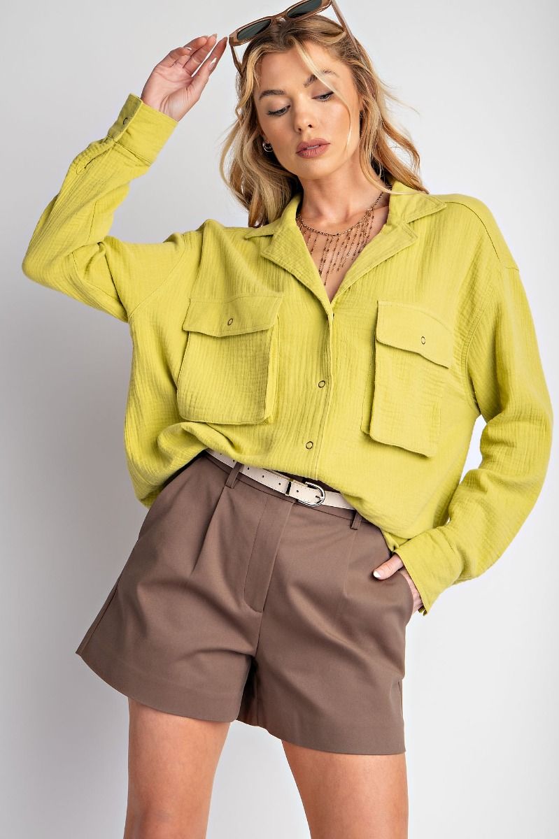 Easel Plus Cotton Gauze Button Down Loose Fit Shirt Tunic Tops