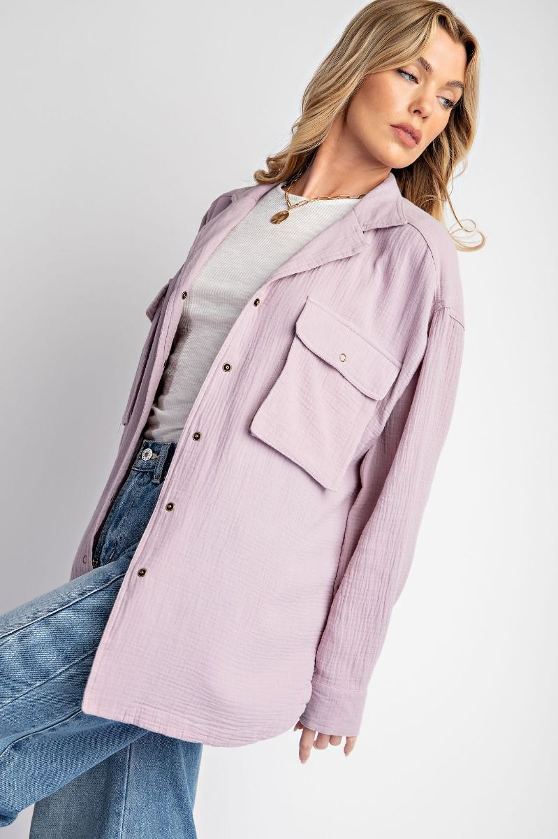 Easel Plus Cotton Gauze Button Down Loose Fit Shirt Tunic Tops