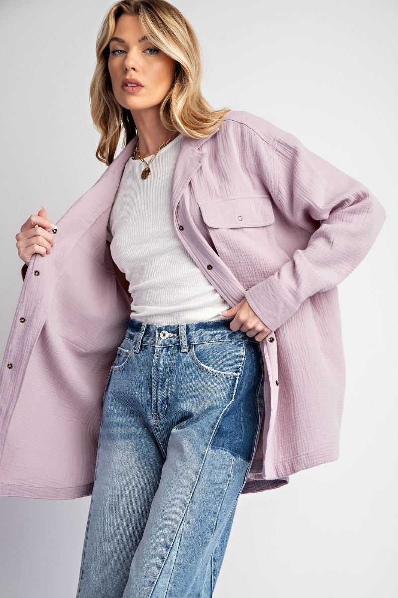 Easel Plus Cotton Gauze Button Down Loose Fit Shirt Tunic Tops