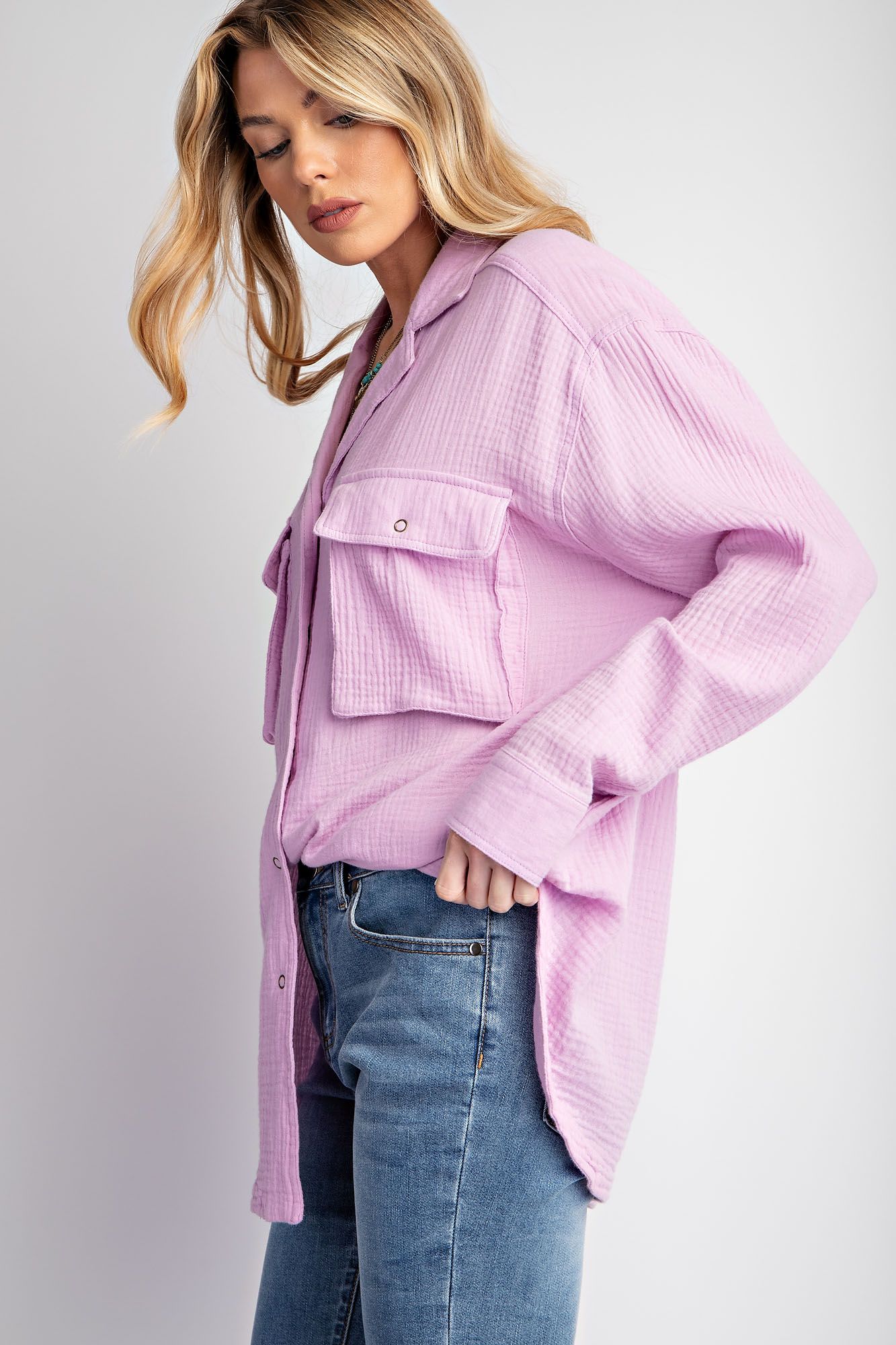 Easel Plus Cotton Gauze Button Down Loose Fit Shirt Tunic Tops