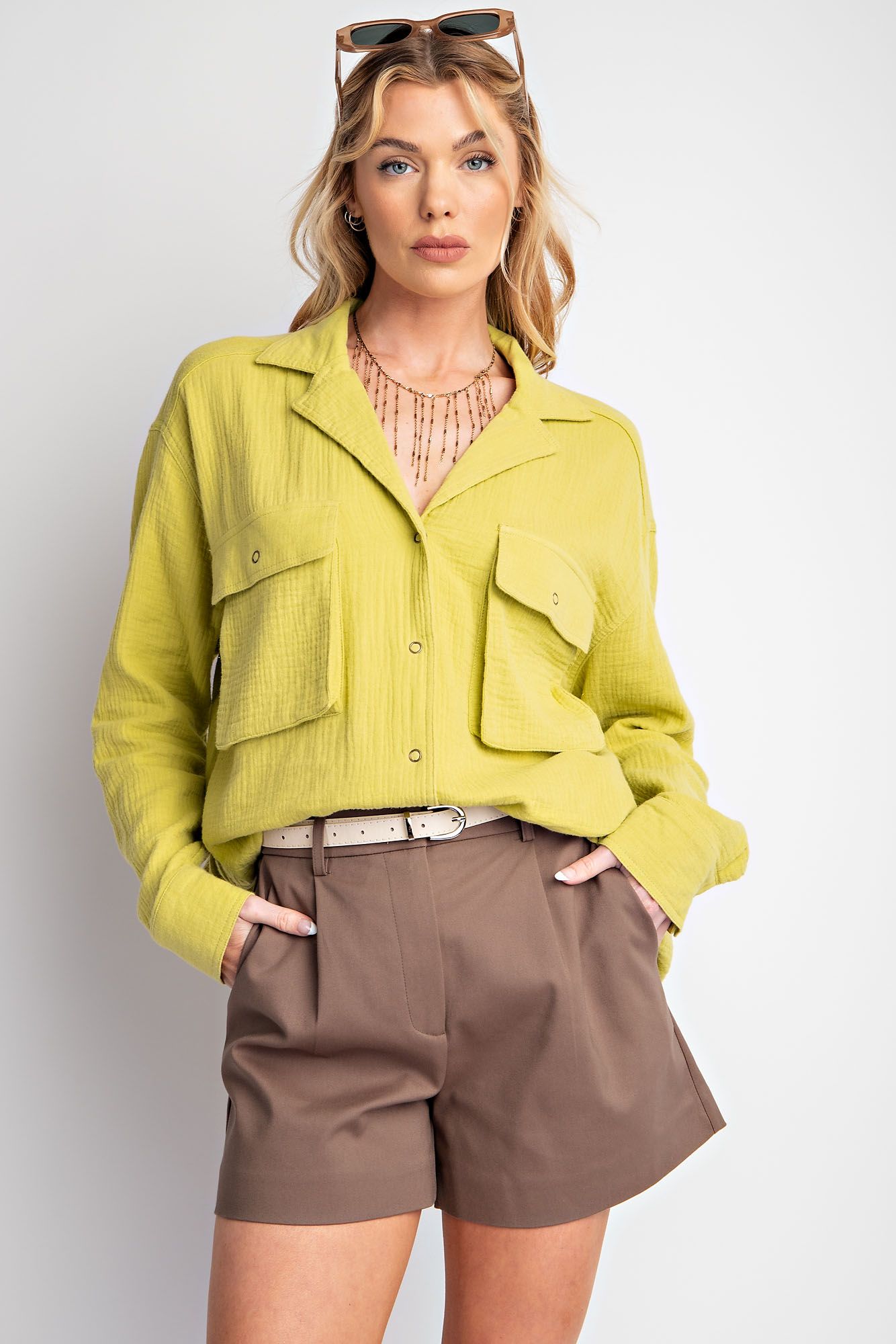 Easel Plus Cotton Gauze Button Down Loose Fit Shirt Tunic Tops