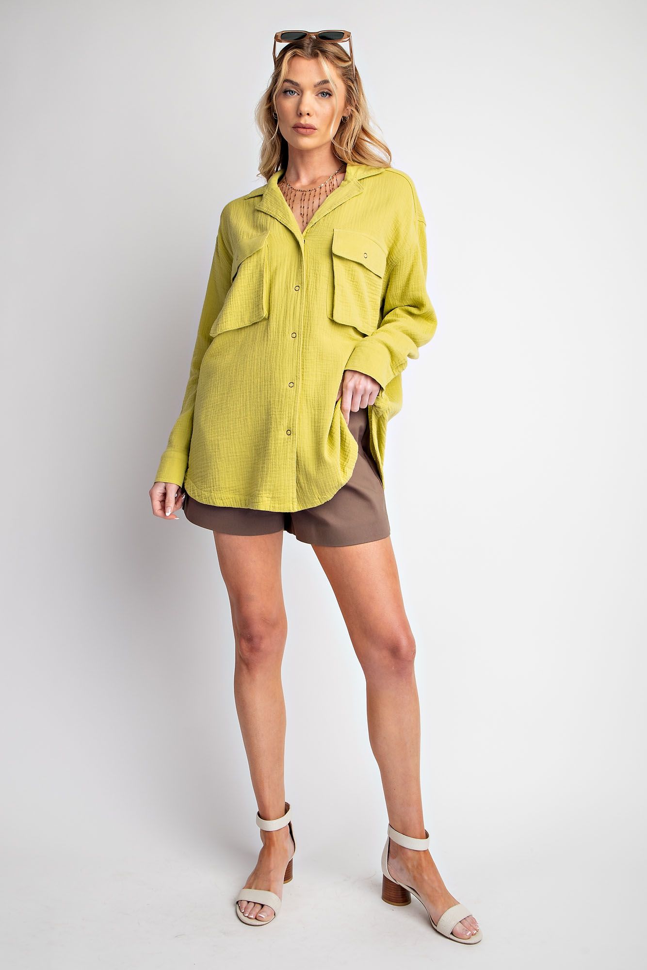 Easel Plus Cotton Gauze Button Down Loose Fit Shirt Tunic Tops