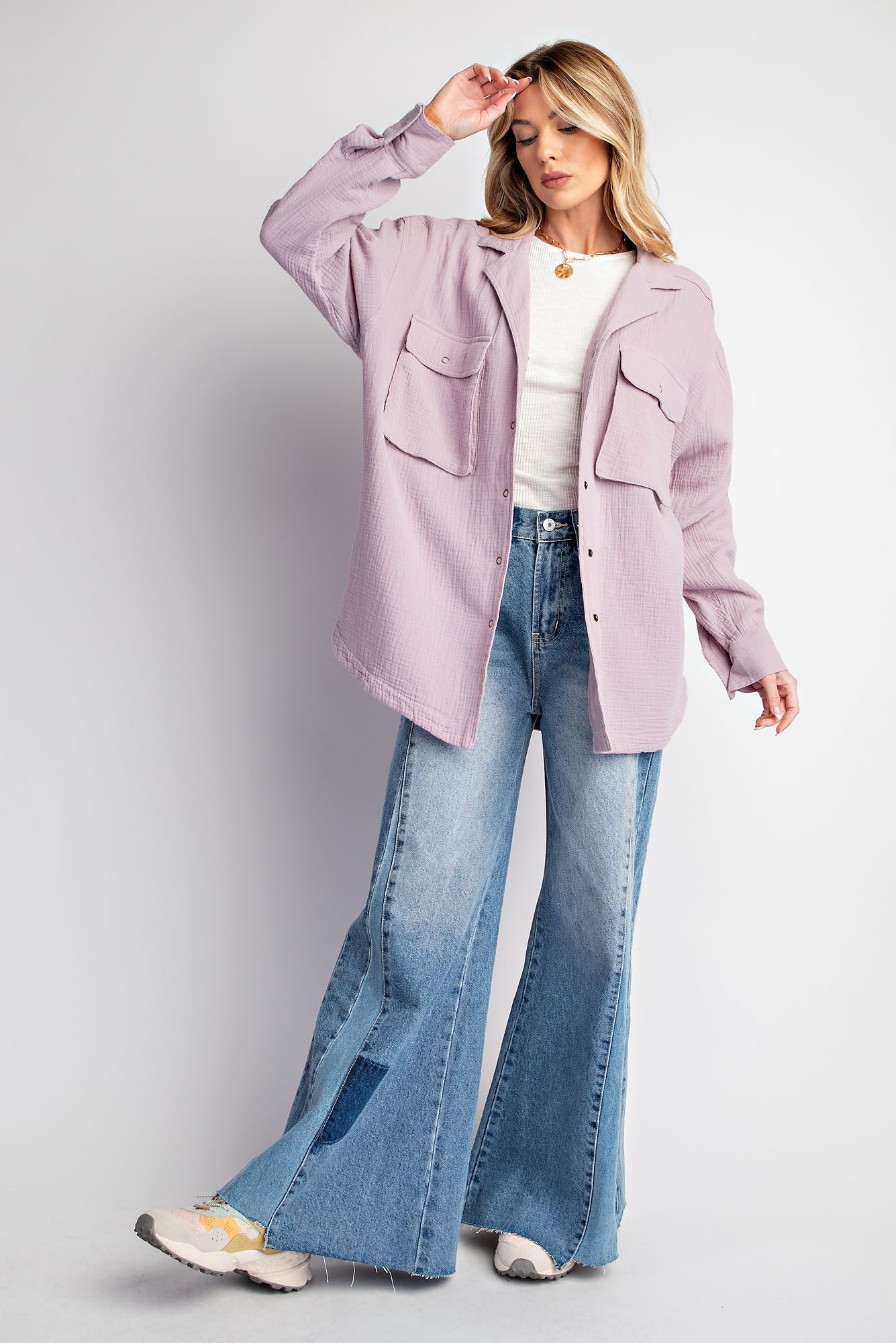 Easel Plus Cotton Gauze Button Down Loose Fit Shirt Tunic Tops