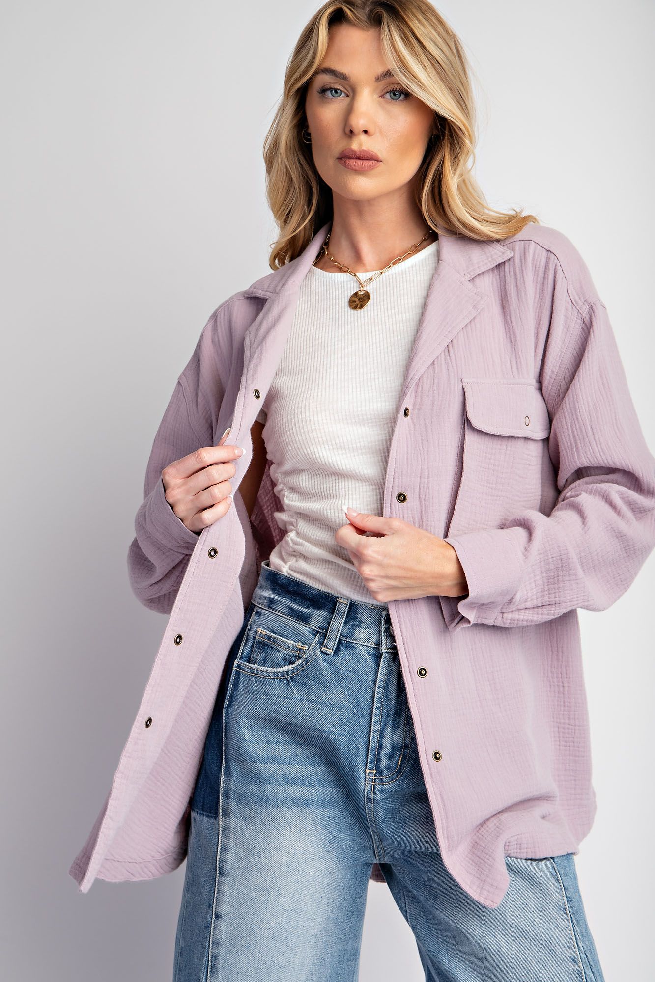 Easel Plus Cotton Gauze Button Down Loose Fit Shirt Tunic Tops