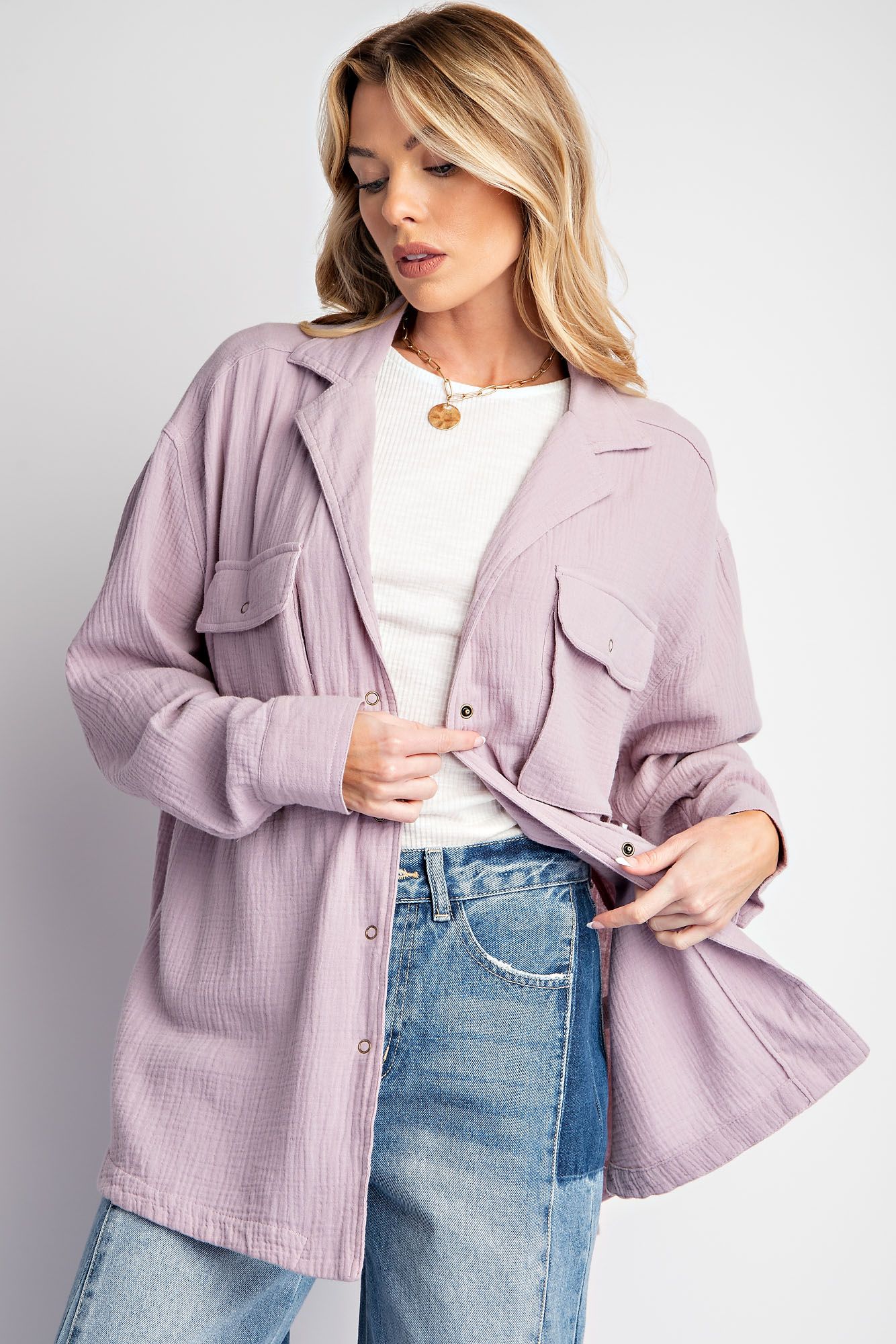 Easel Plus Cotton Gauze Button Down Loose Fit Shirt Tunic Tops