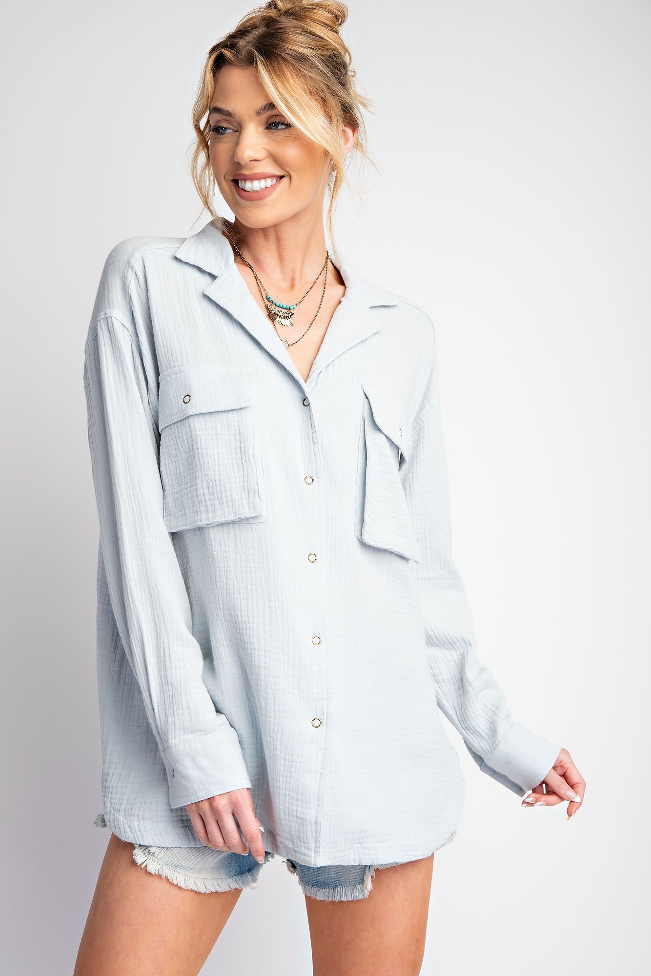 Easel Plus Cotton Gauze Button Down Loose Fit Shirt Tunic Tops